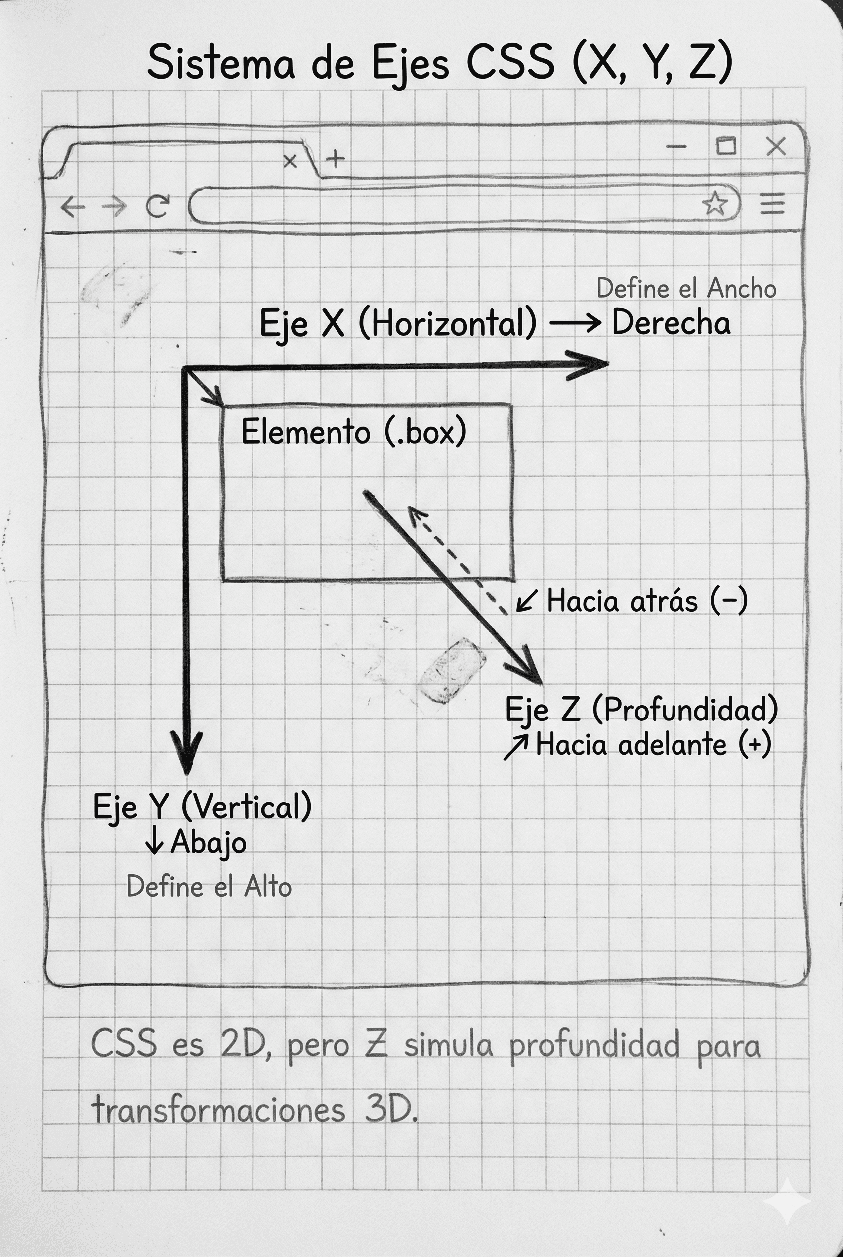 Direcciones de los ejes X horizontal, Y vertical y Z profundidad