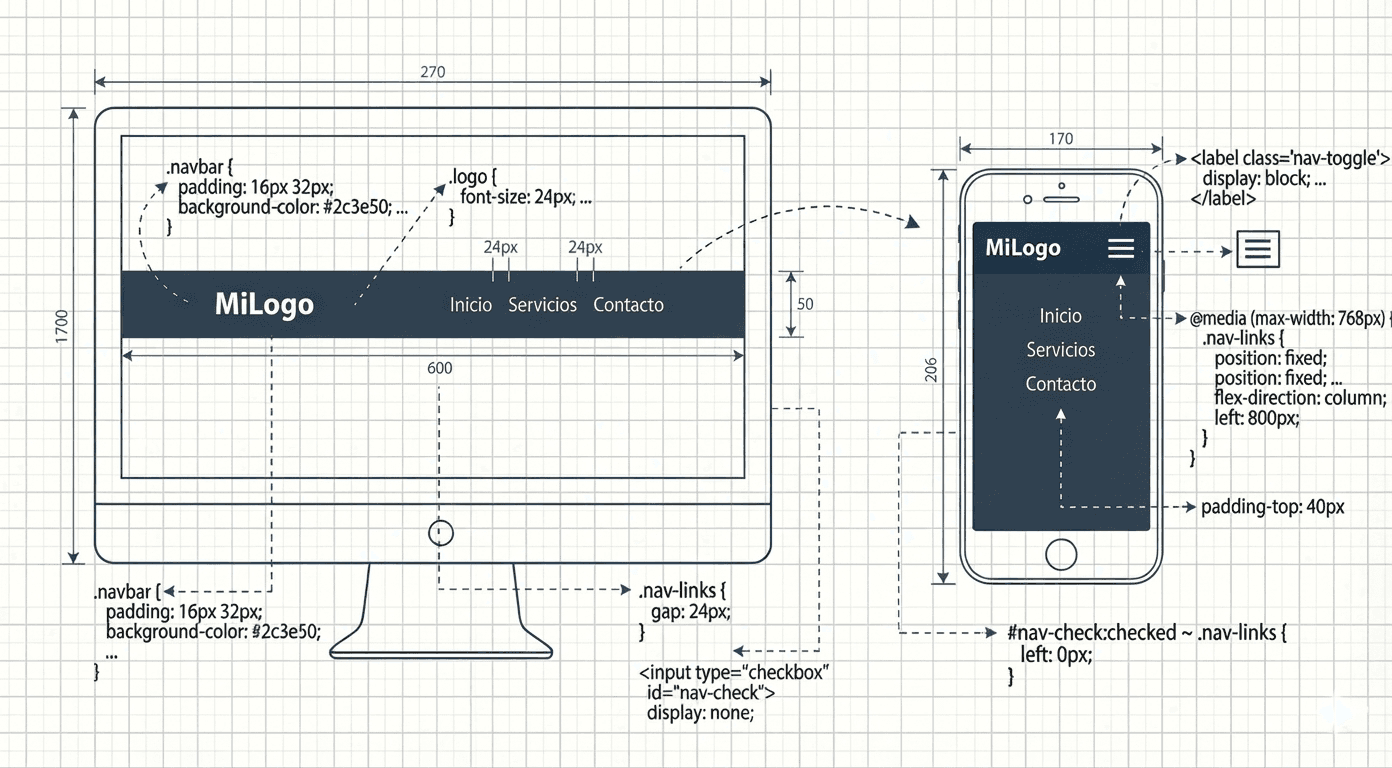 Diseño de barra de navegación responsive mostrándose en laptop y celular con menú hamburguesa