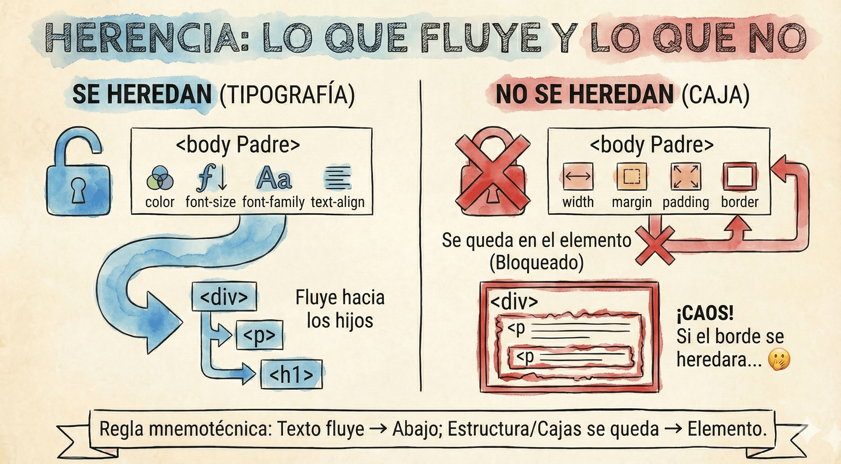 Tabla comparativa visual de propiedades heredables vs no heredables