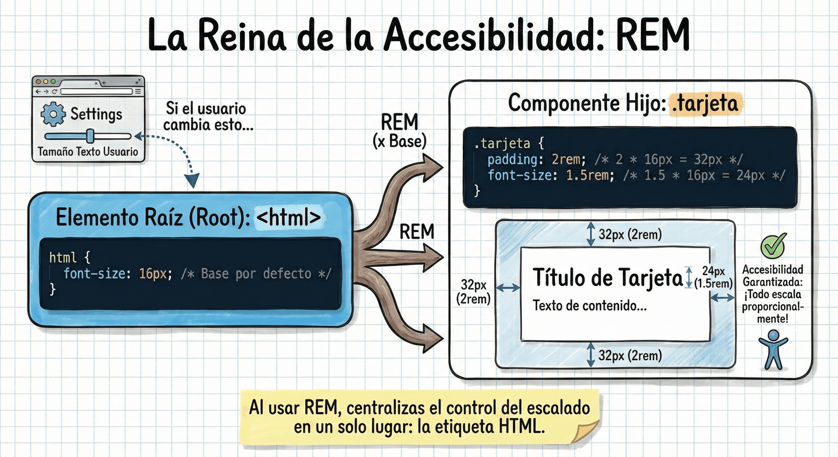 Diagrama mostrando la relación directa entre la etiqueta HTML y los elementos hijos usando REM
