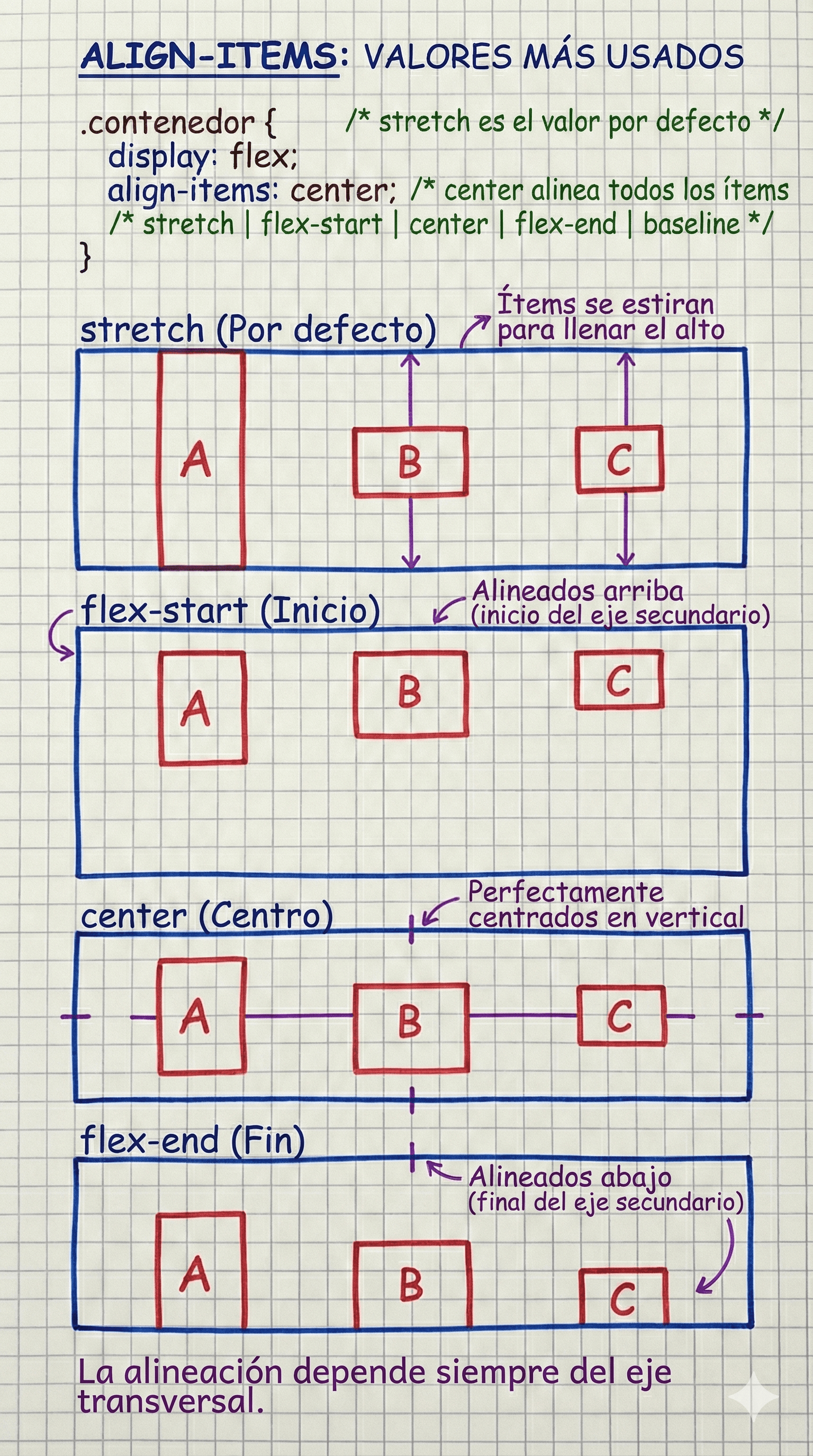 Comparación visual de los valores de align-items