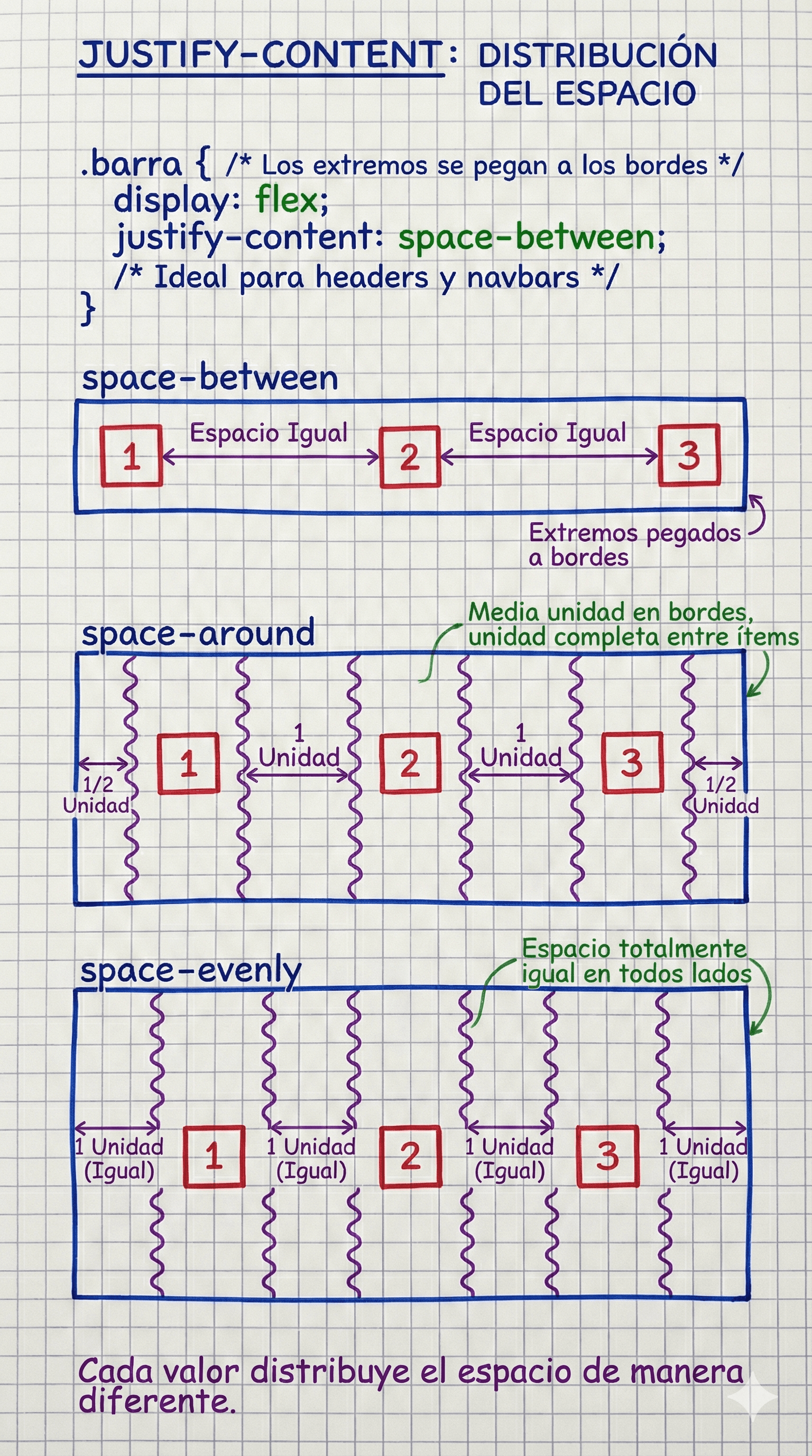 Comparación visual de los valores avanzados de justify-content