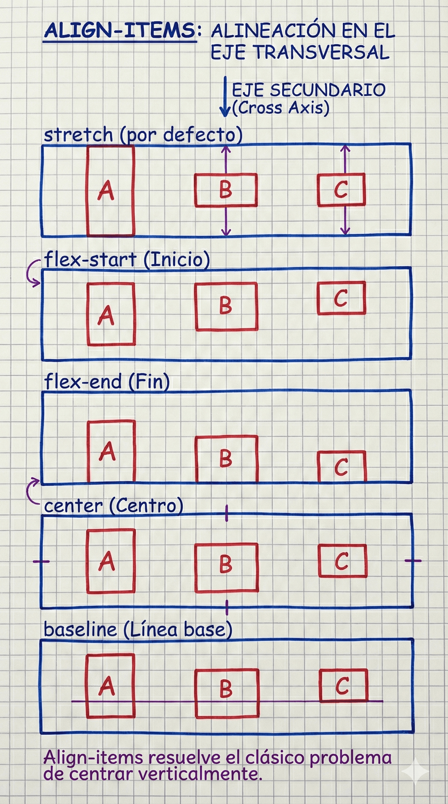 Alineación de elementos en el eje transversal usando align-items