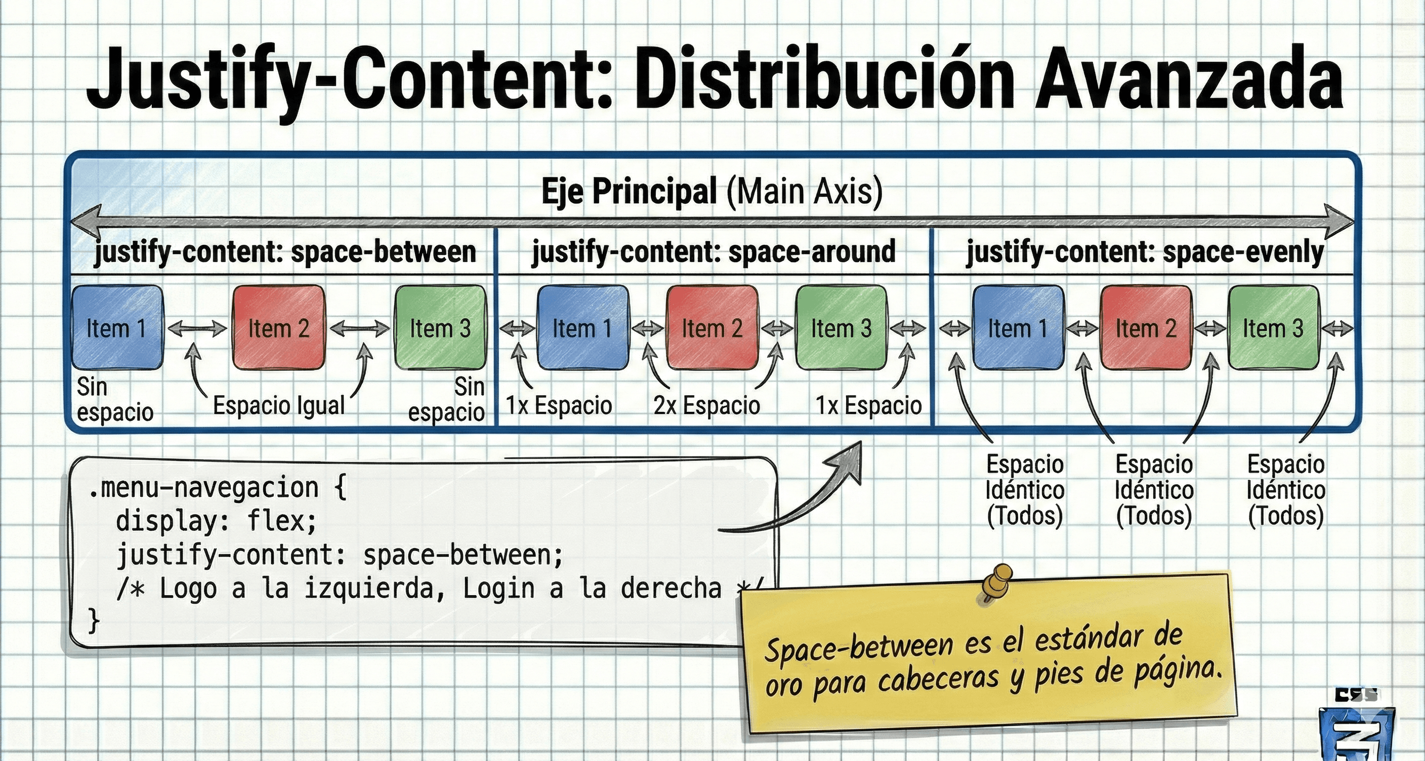 Diferencia visual entre space-between, around y evenly
