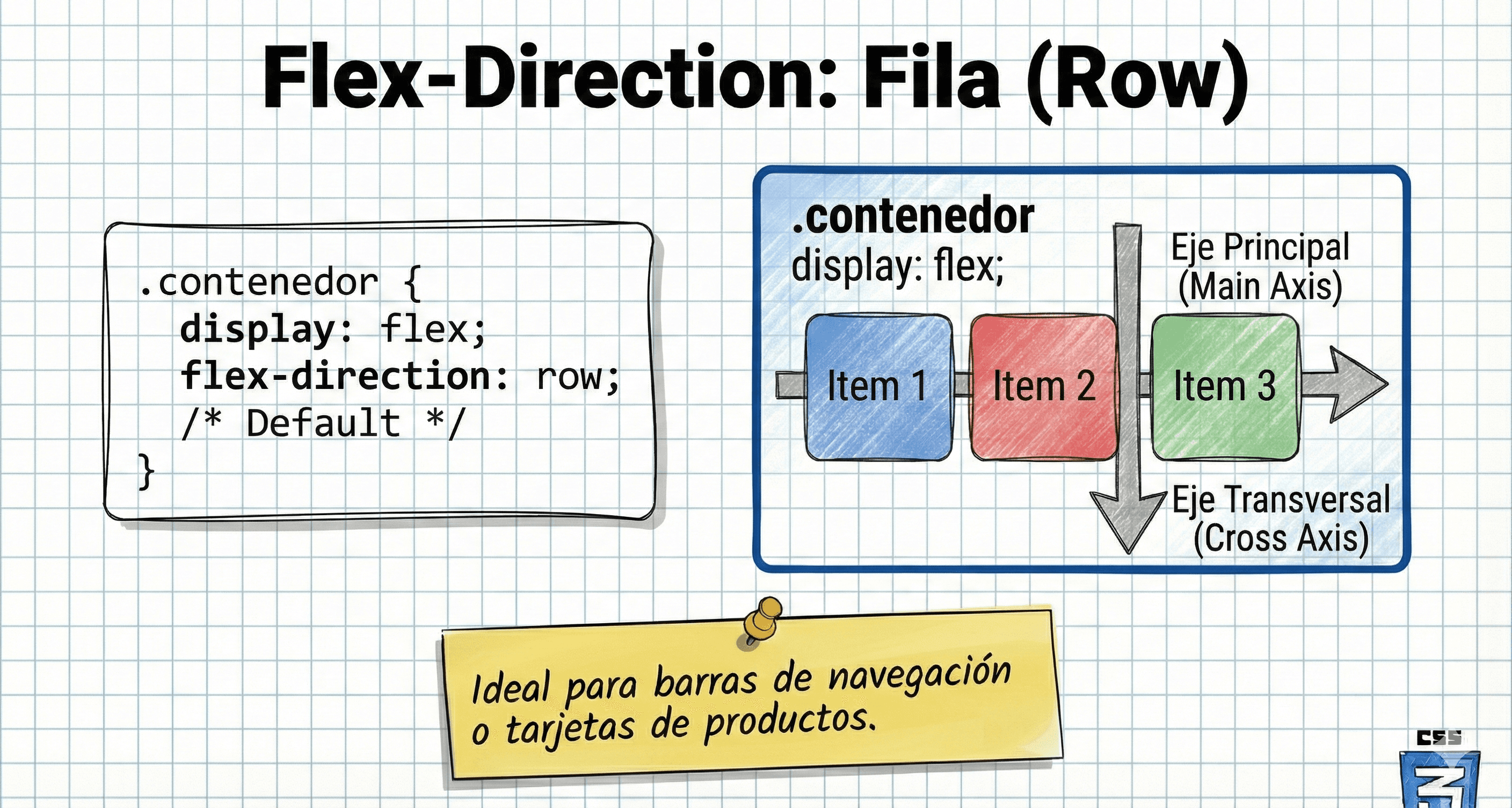 Items alineados horizontalmente 1-2-3