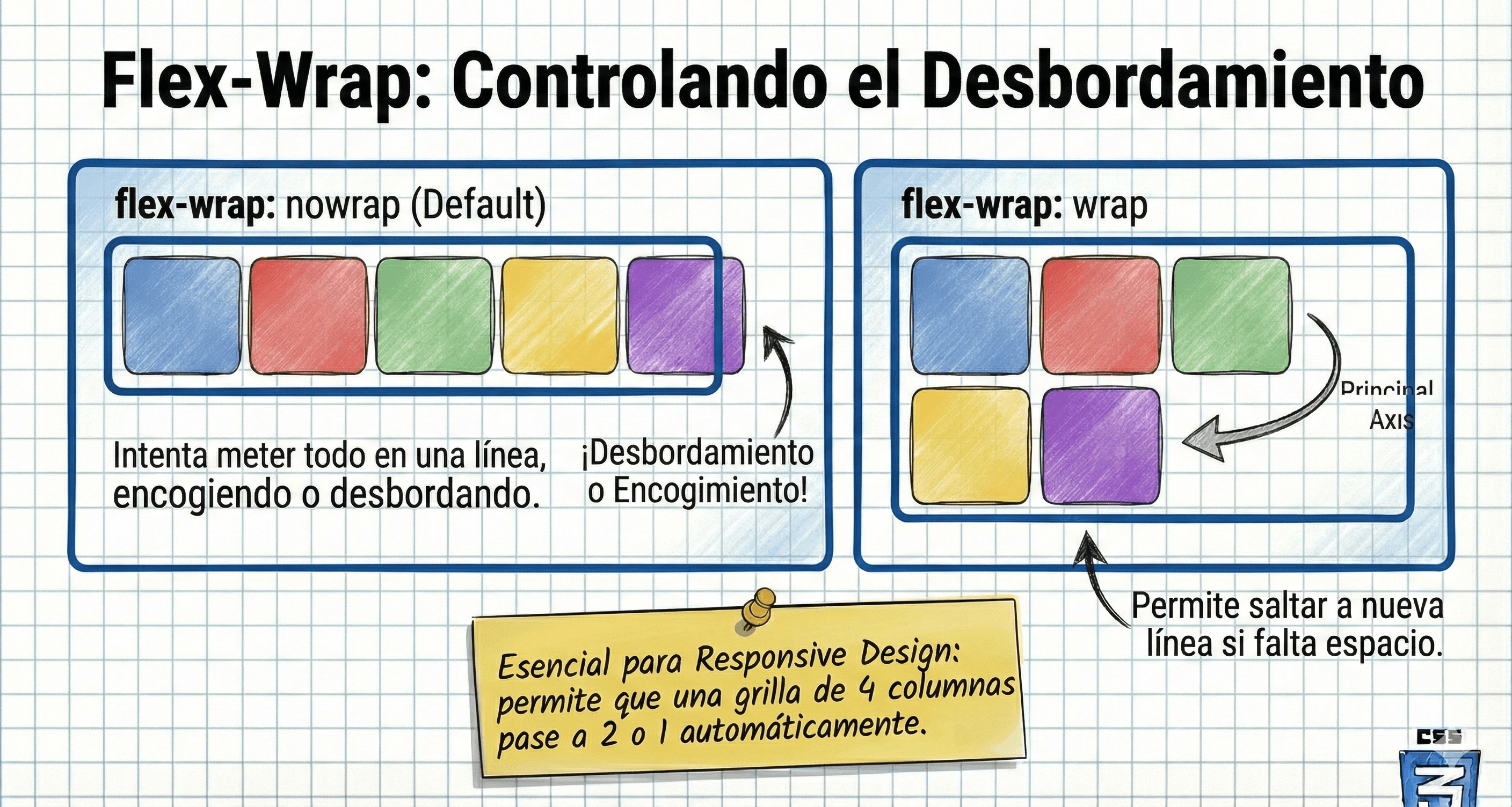 Ilustración de elementos saltando de línea al reducir el ancho del contenedor