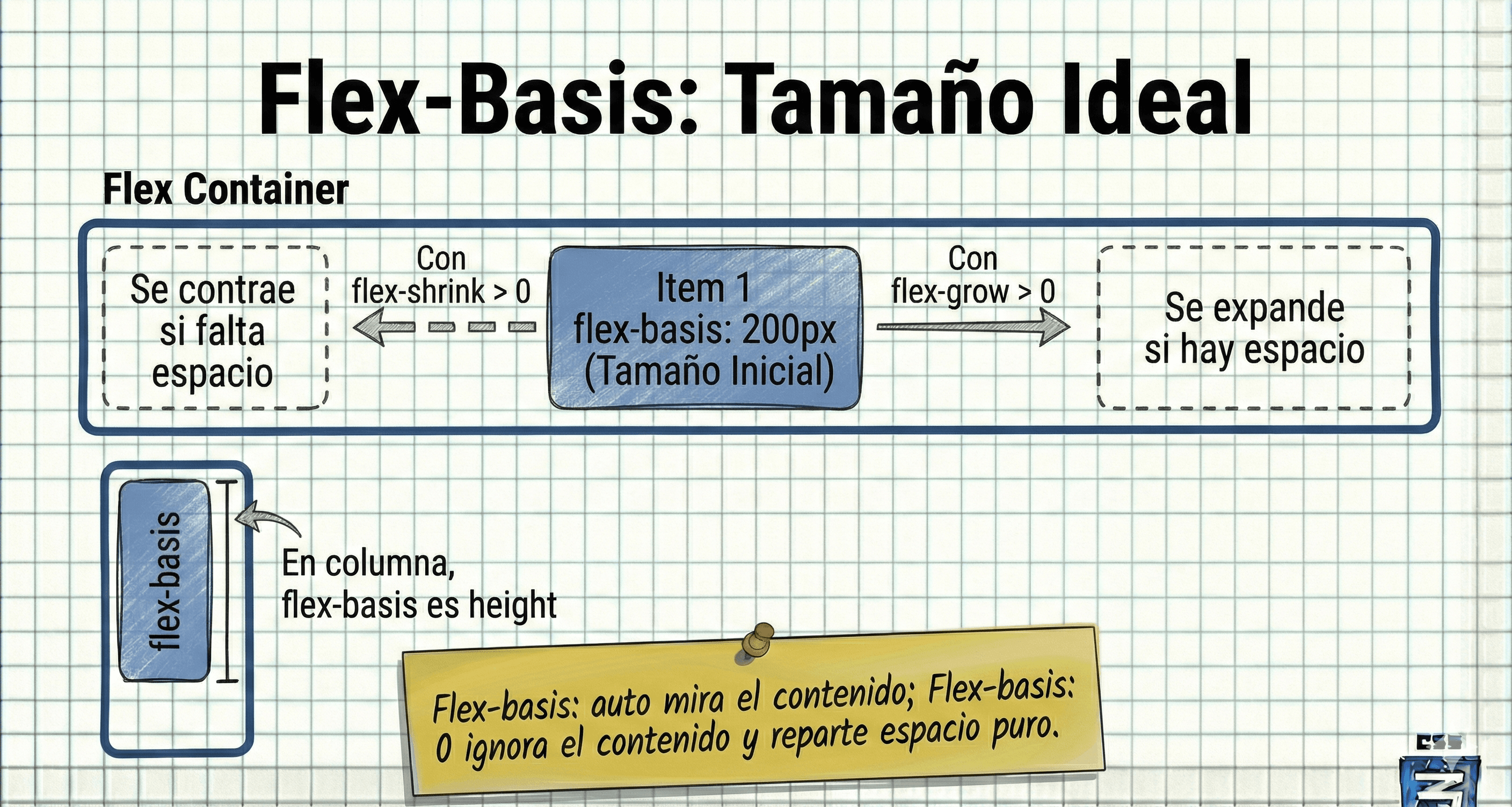 Diagrama mostrando flex-basis como el punto de partida antes de estirar o encoger