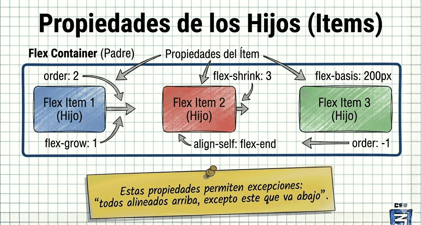 Diagrama señalando propiedades aplicables solo a los hijos