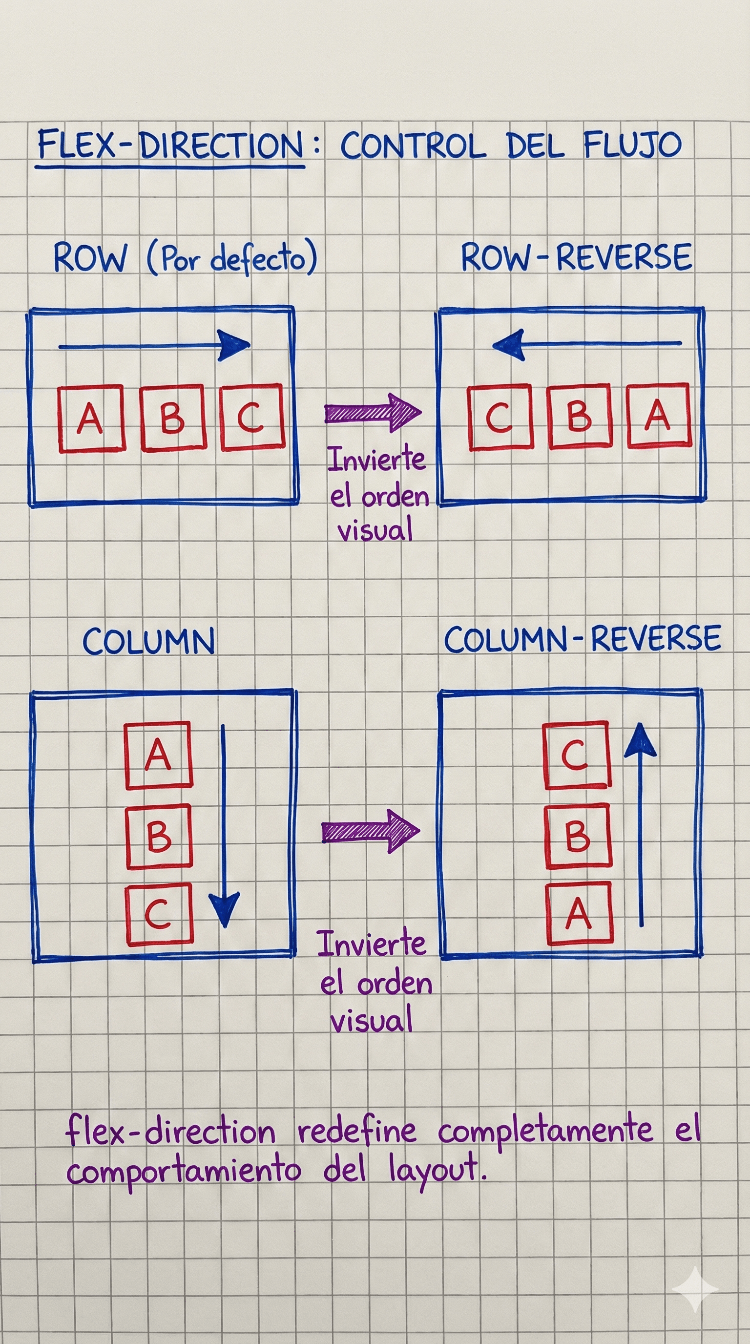 Comparación visual de las direcciones posibles en Flexbox