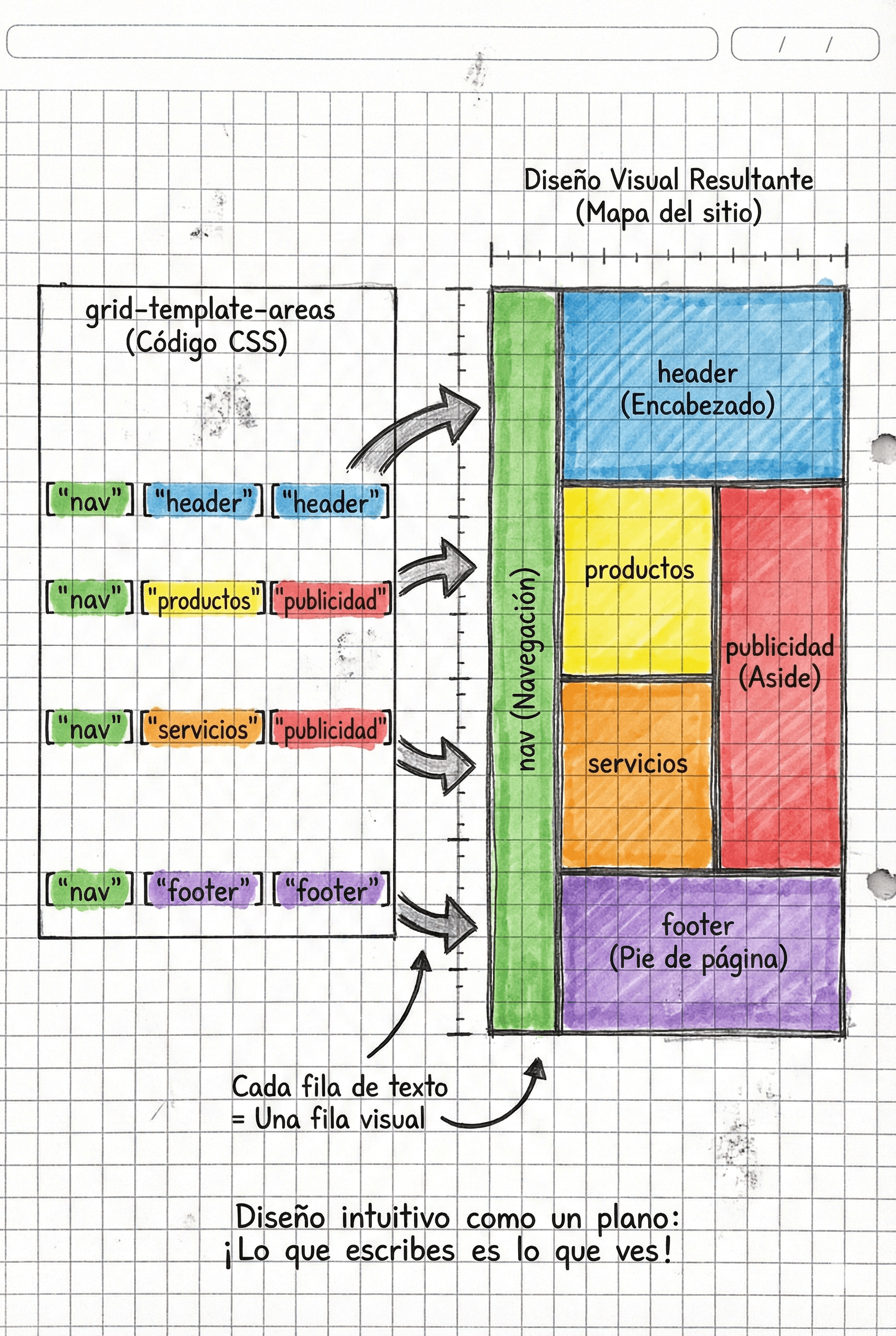 Layout CSS Grid definido mediante grid-template-areas