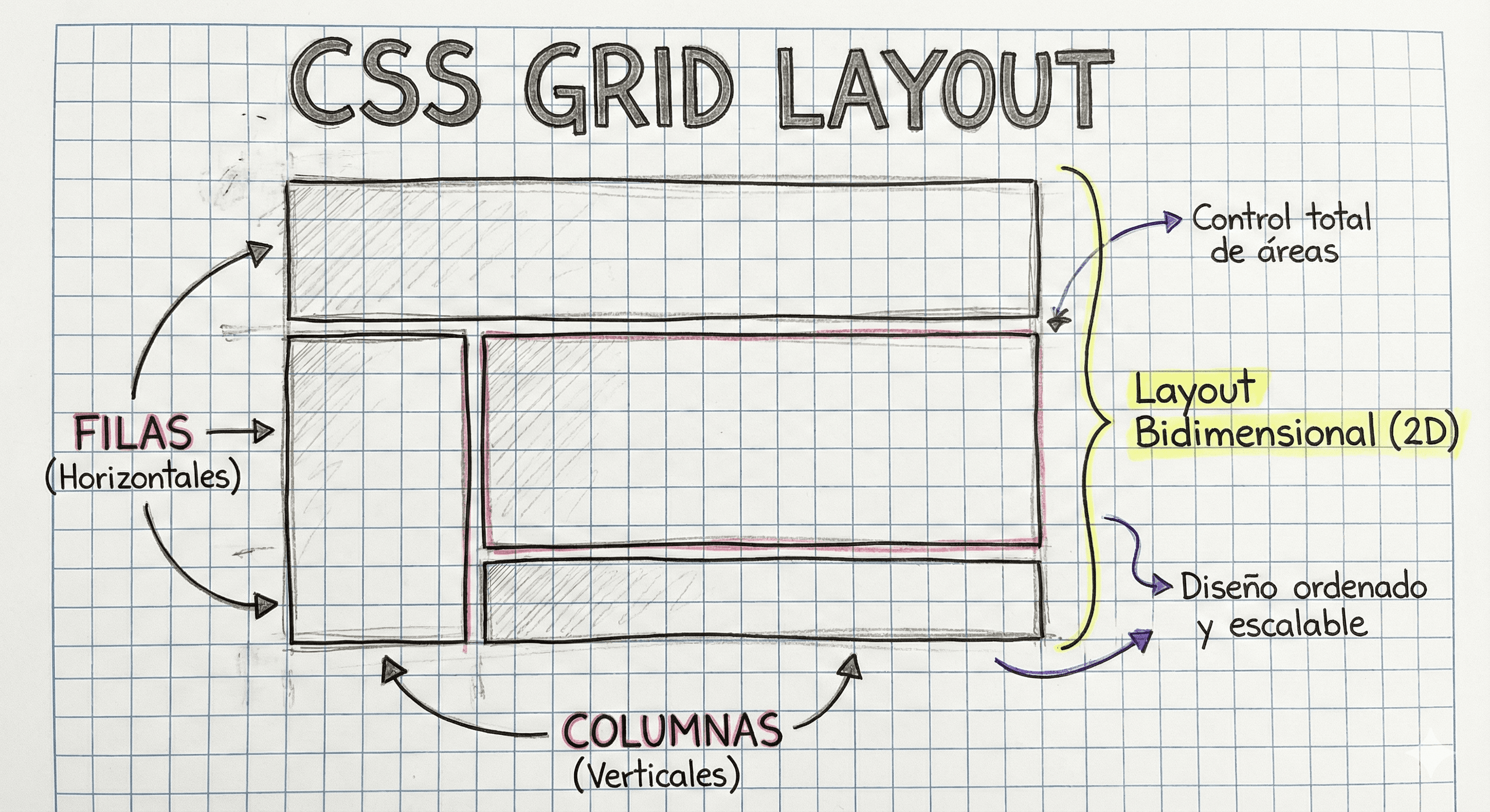 Esquema visual de un layout web bidimensional construido con CSS Grid