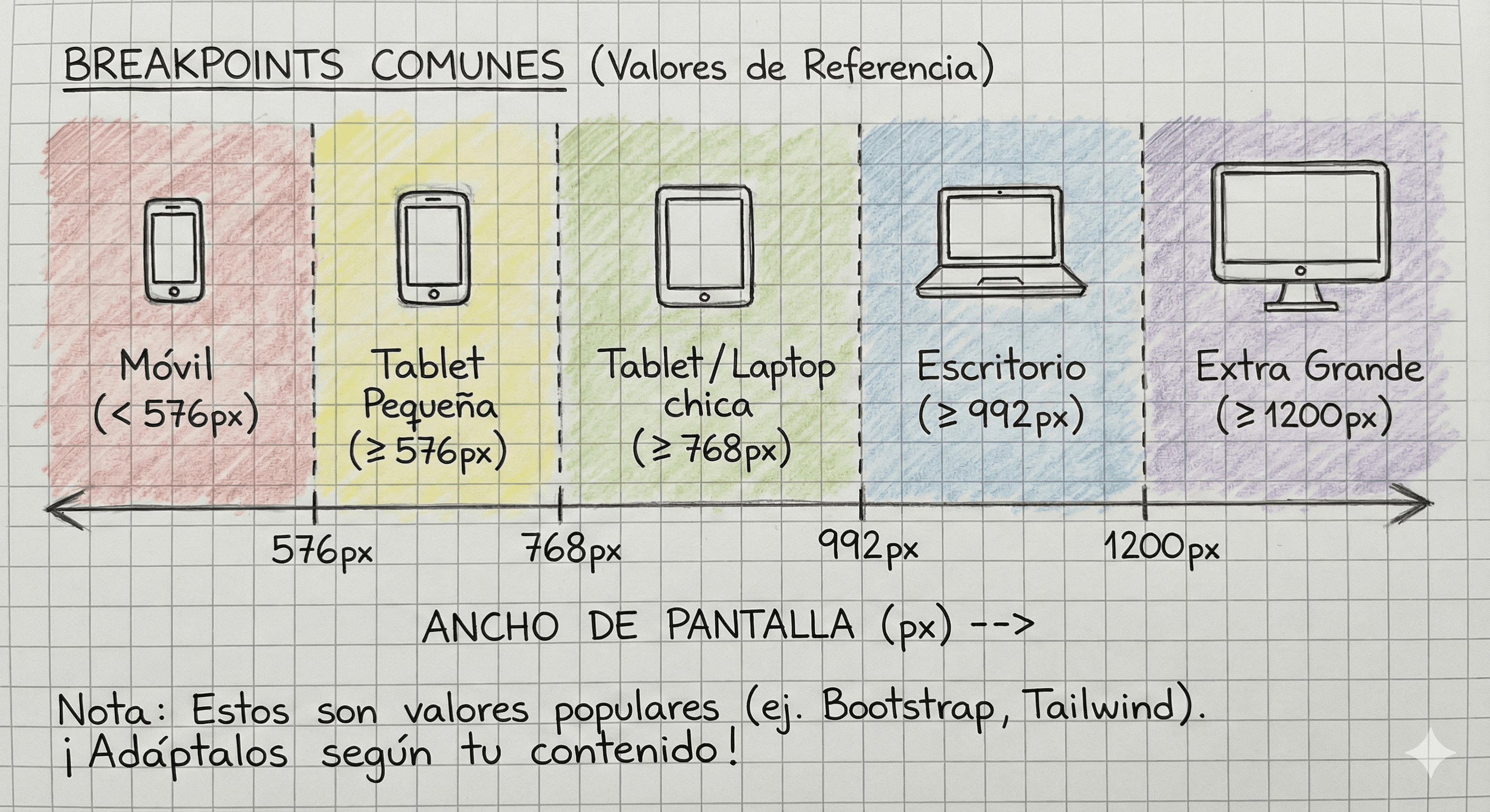 Tabla de breakpoints comunes en diseño responsive