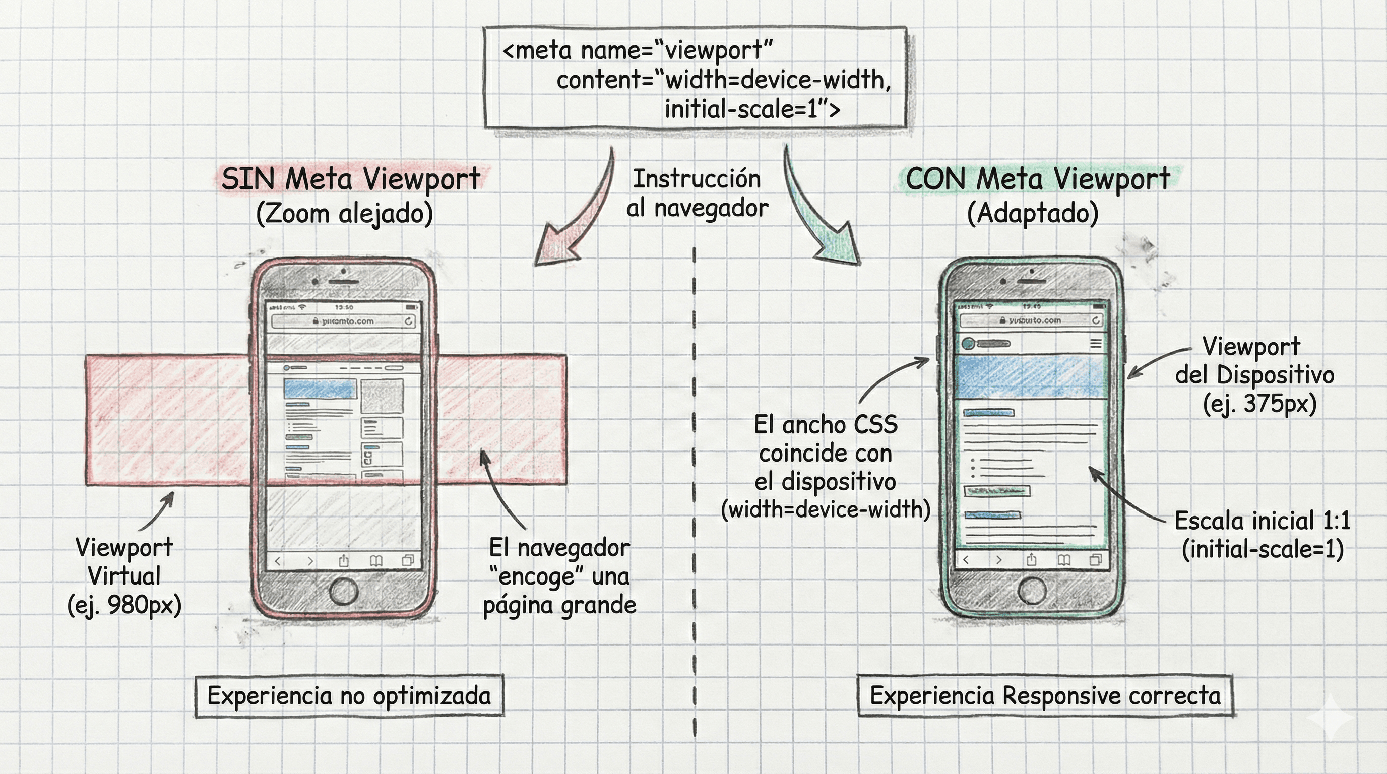 Comparación visual con y sin meta viewport