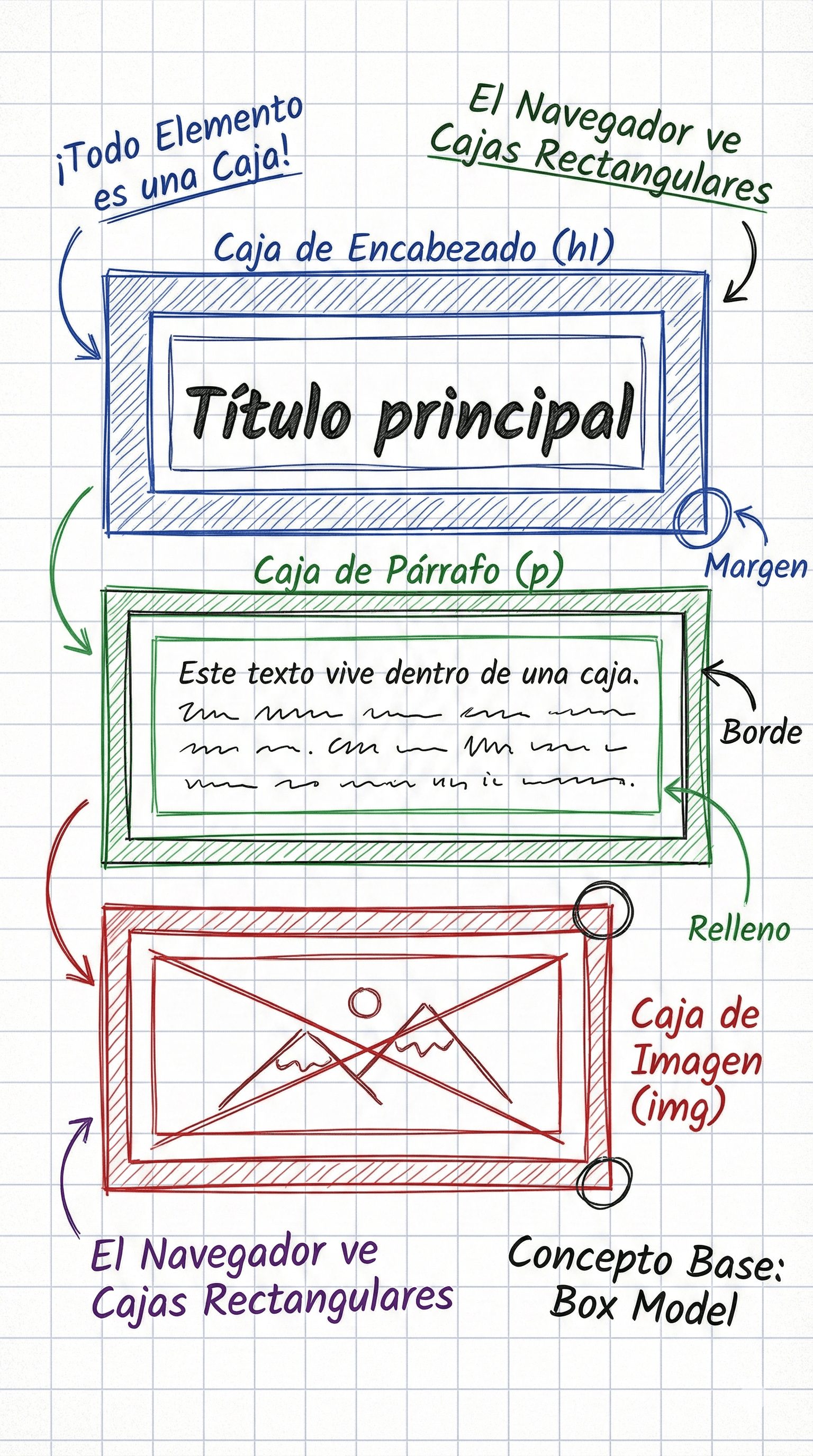 Elementos HTML delineados mostrando que todos son cajas rectangulares
