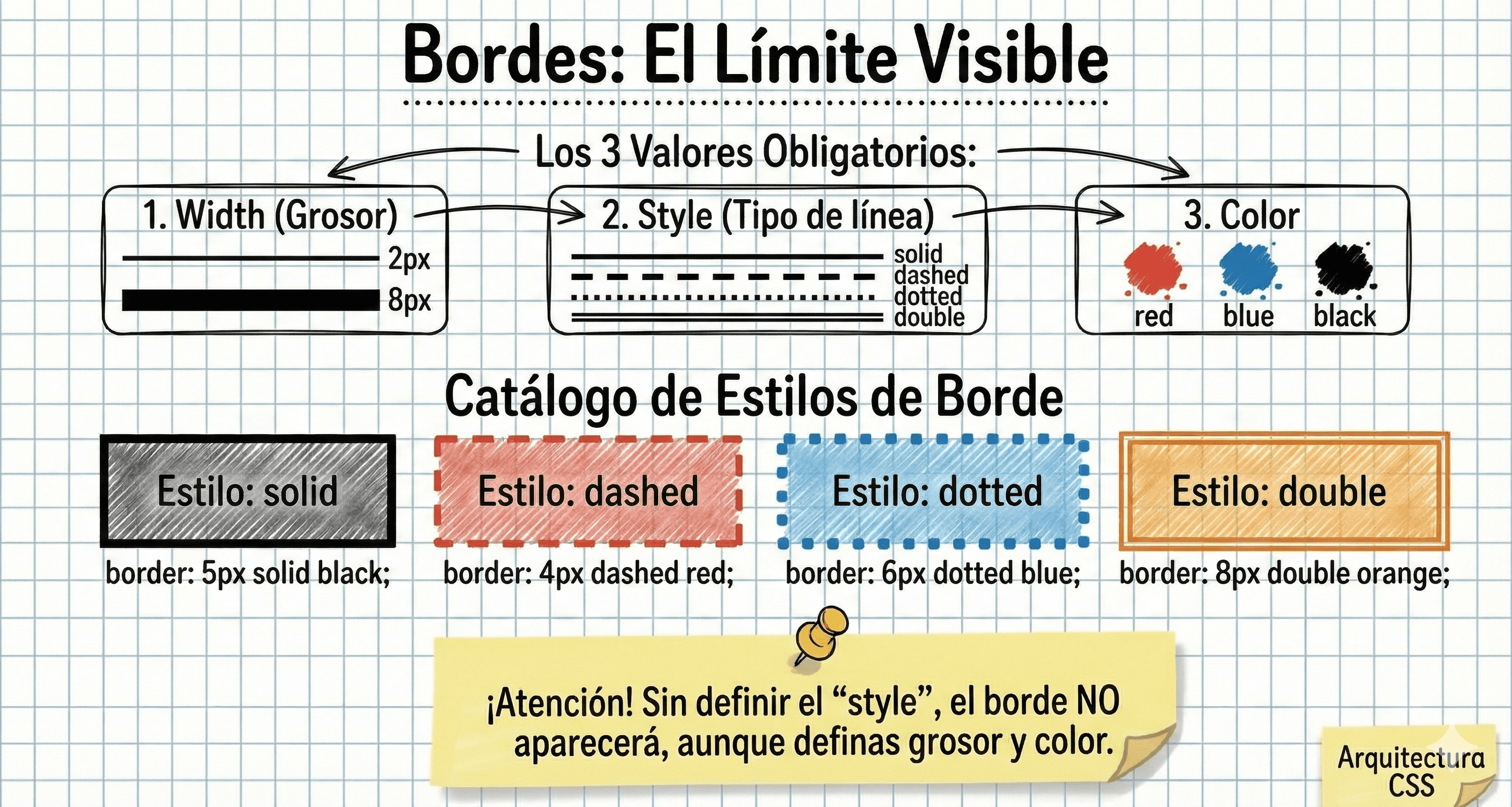 Catálogo de estilos de borde: solid, dashed, dotted, groove, double