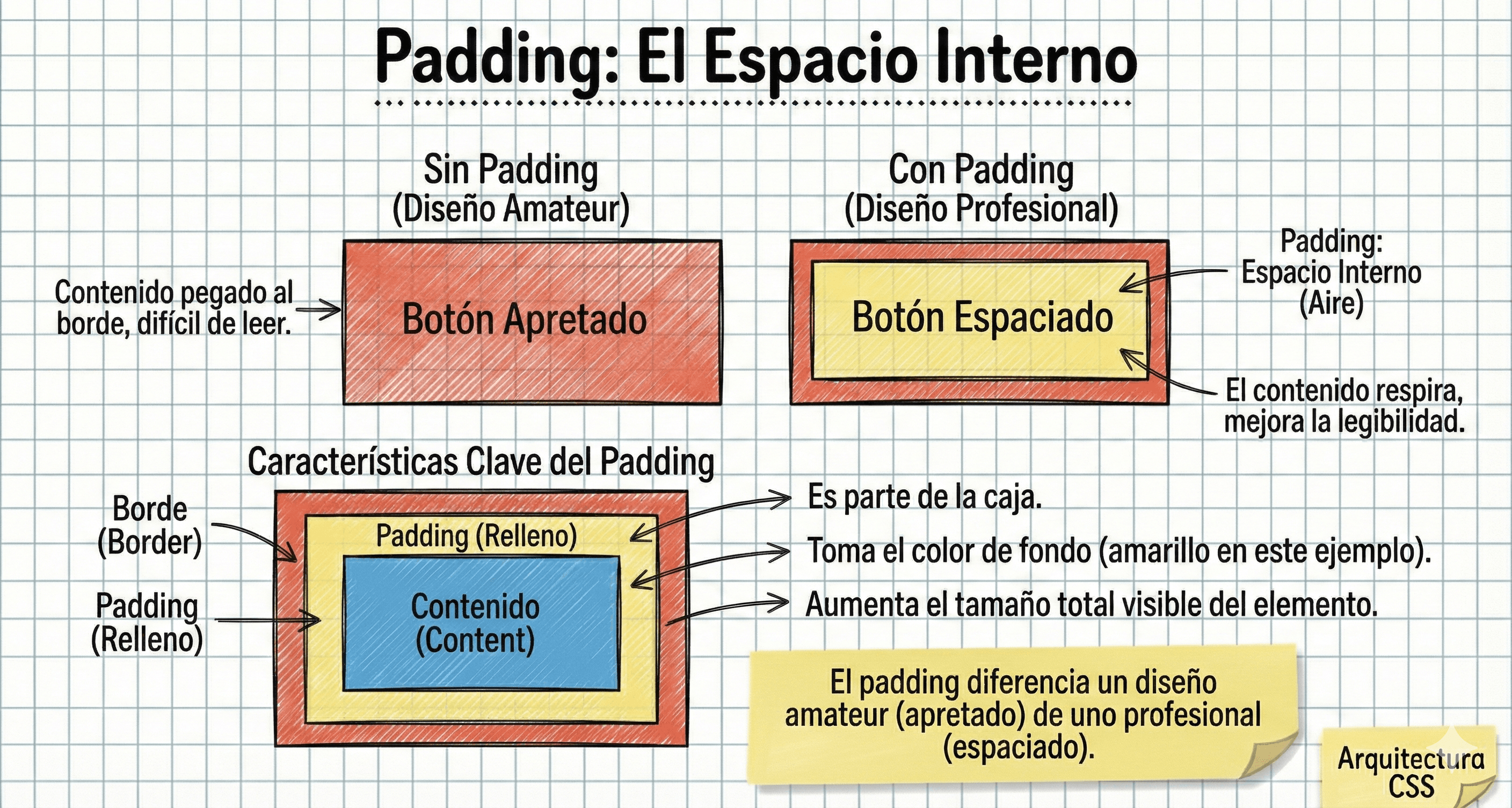 Comparativa de botón sin padding (texto pegado al borde) vs con padding (texto respirando)
