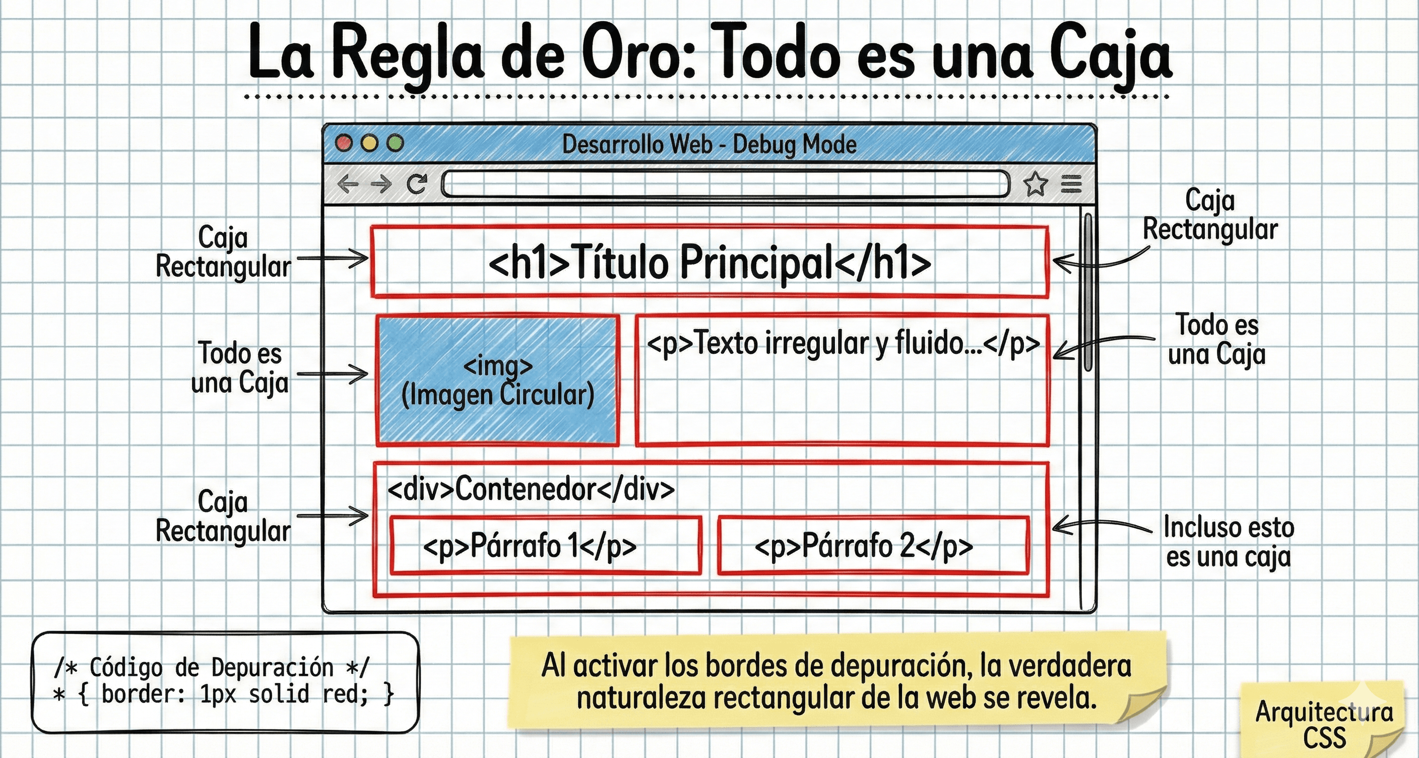Diagrama explosivo 3D mostrando el Content, Padding, Border y Margin separados
