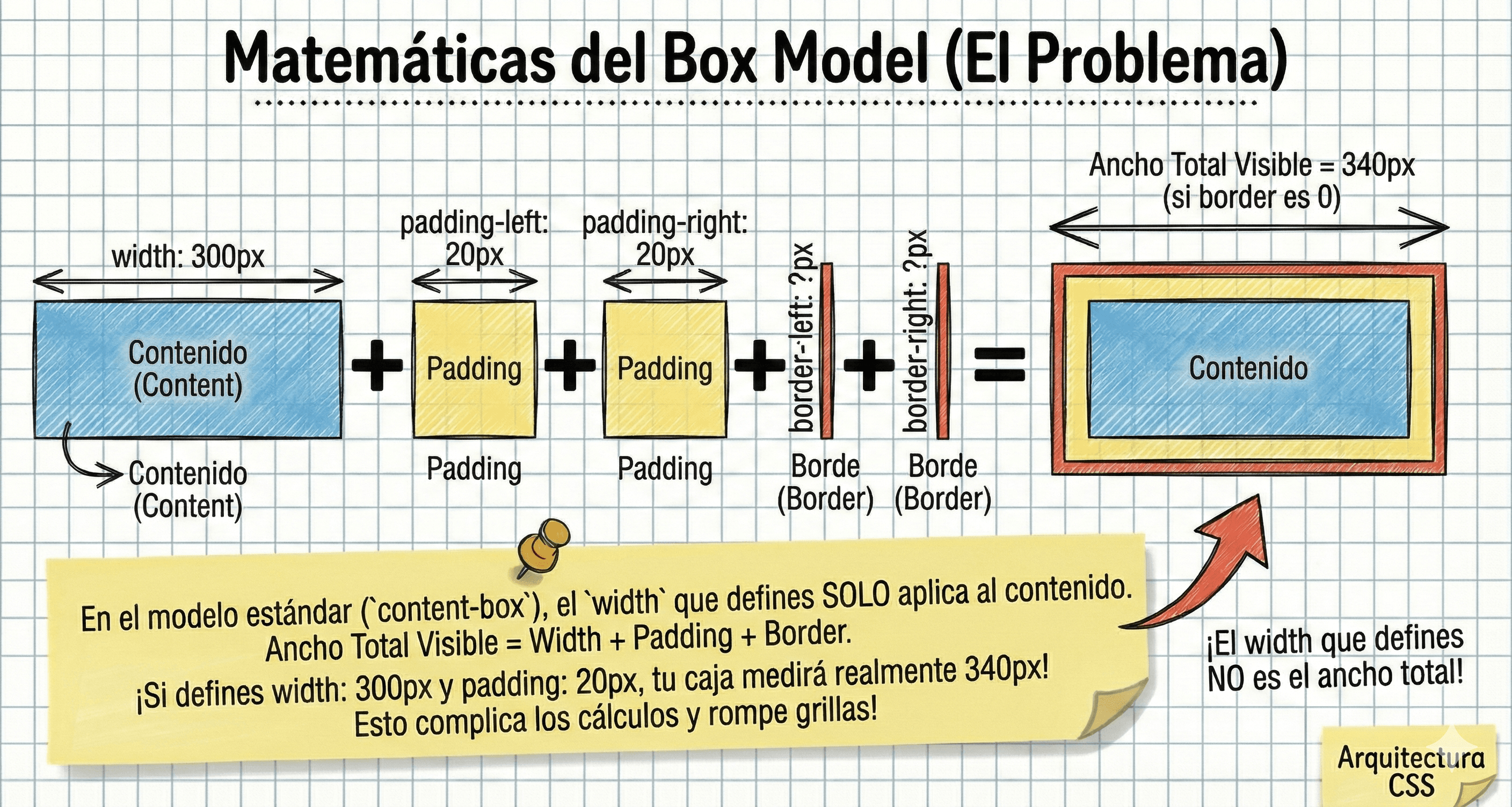 Ecuación visual sumando width + padding + border