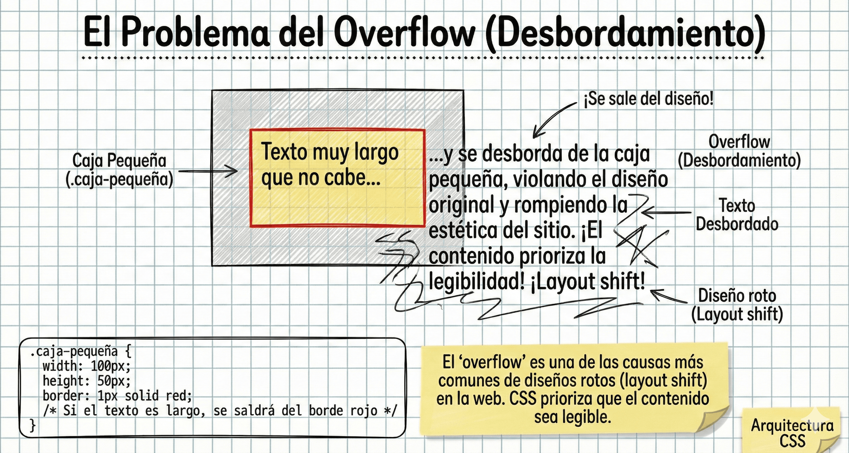 Ilustración de texto saliéndose de los límites de un rectángulo