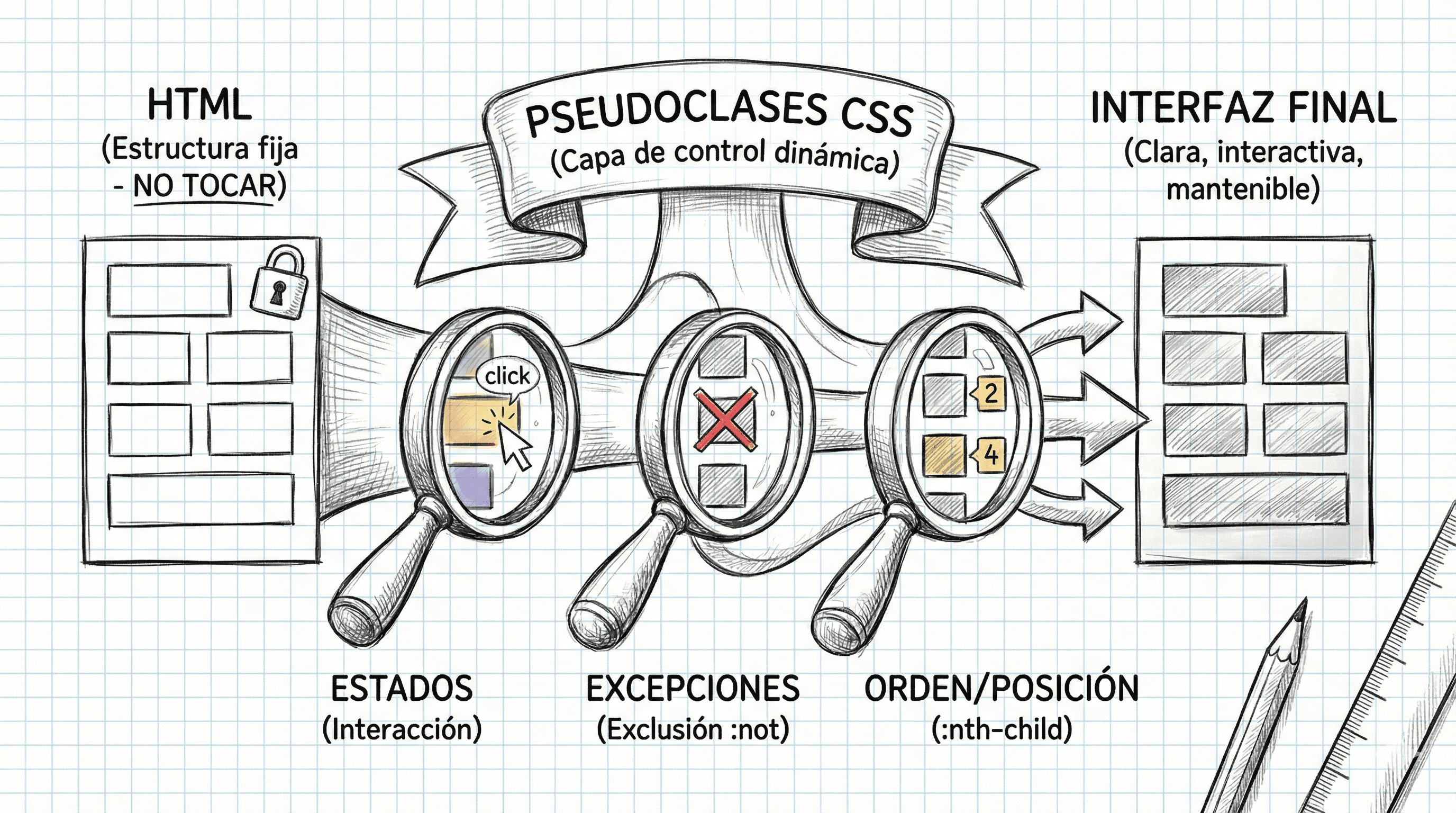 Ejemplos de pseudoclases CSS aplicadas a enlaces y contenedores