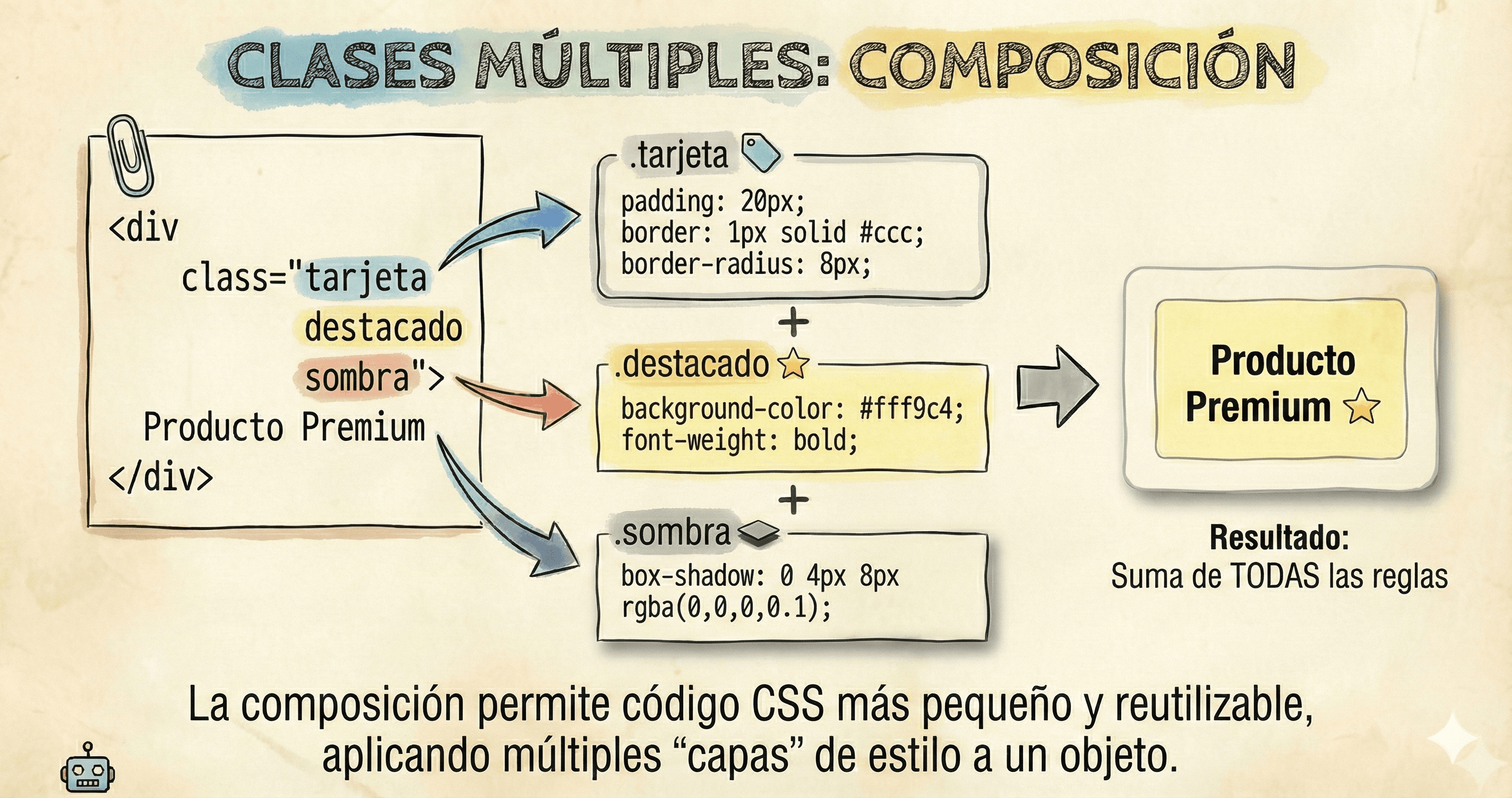 Esquema visual de suma de estilos con clases múltiples