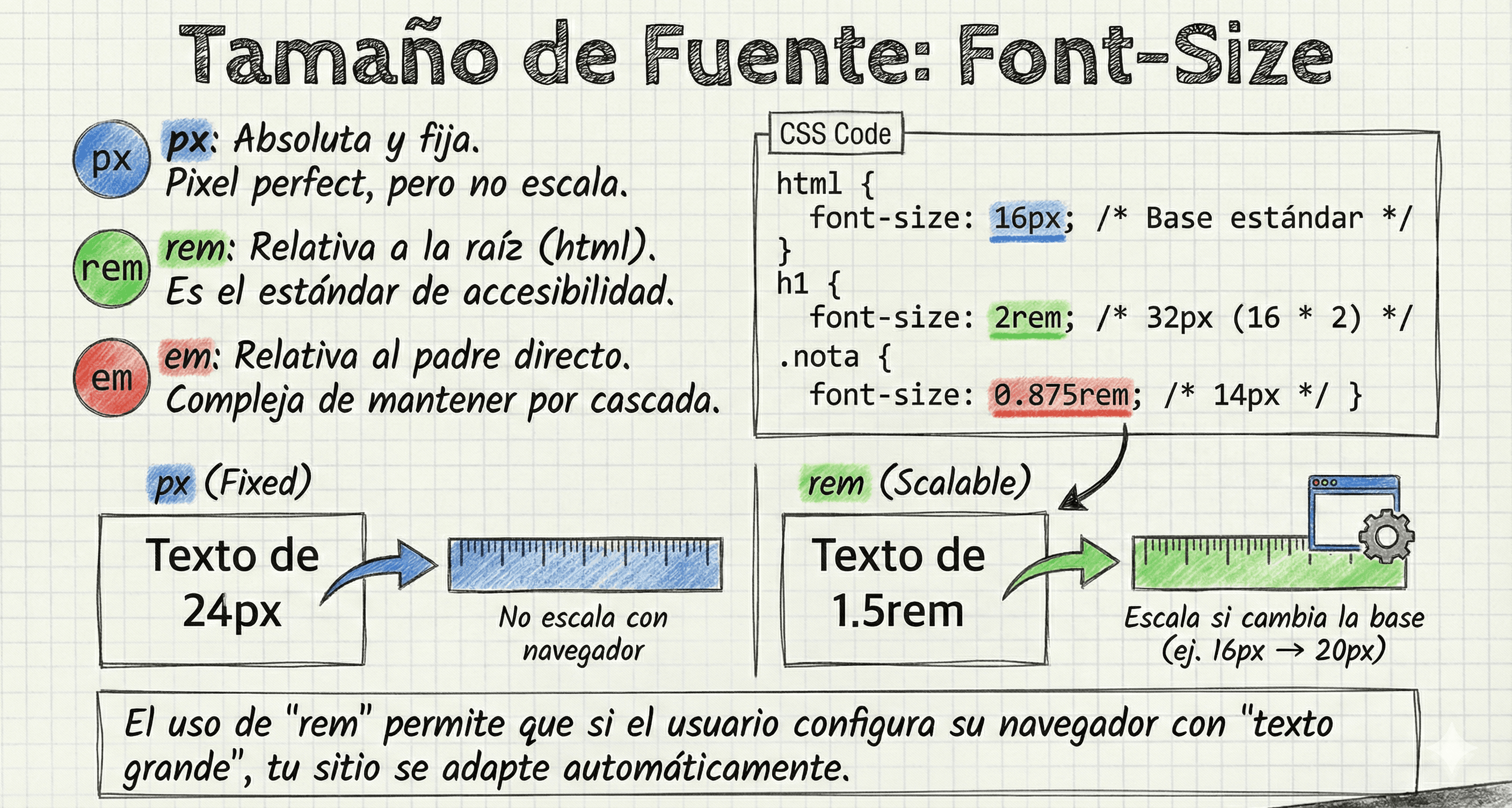 Comparación visual entre unidades px y rem en tipografía