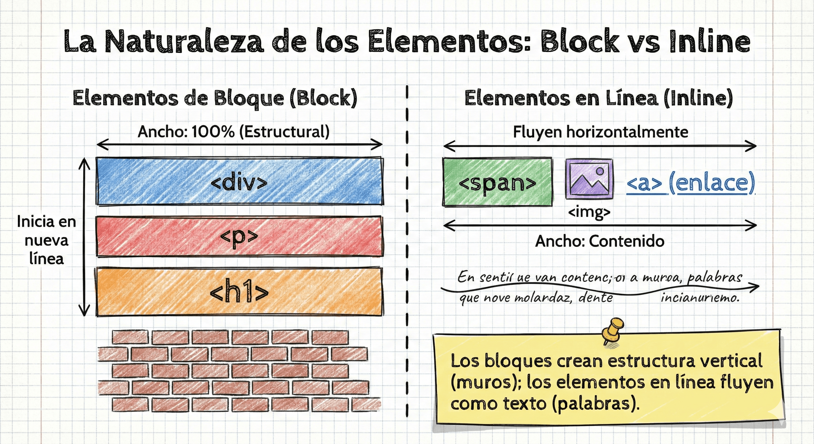 Esquema comparativo visual: Bloques apilados verticalmente vs Elementos en línea fluyendo horizontalmente