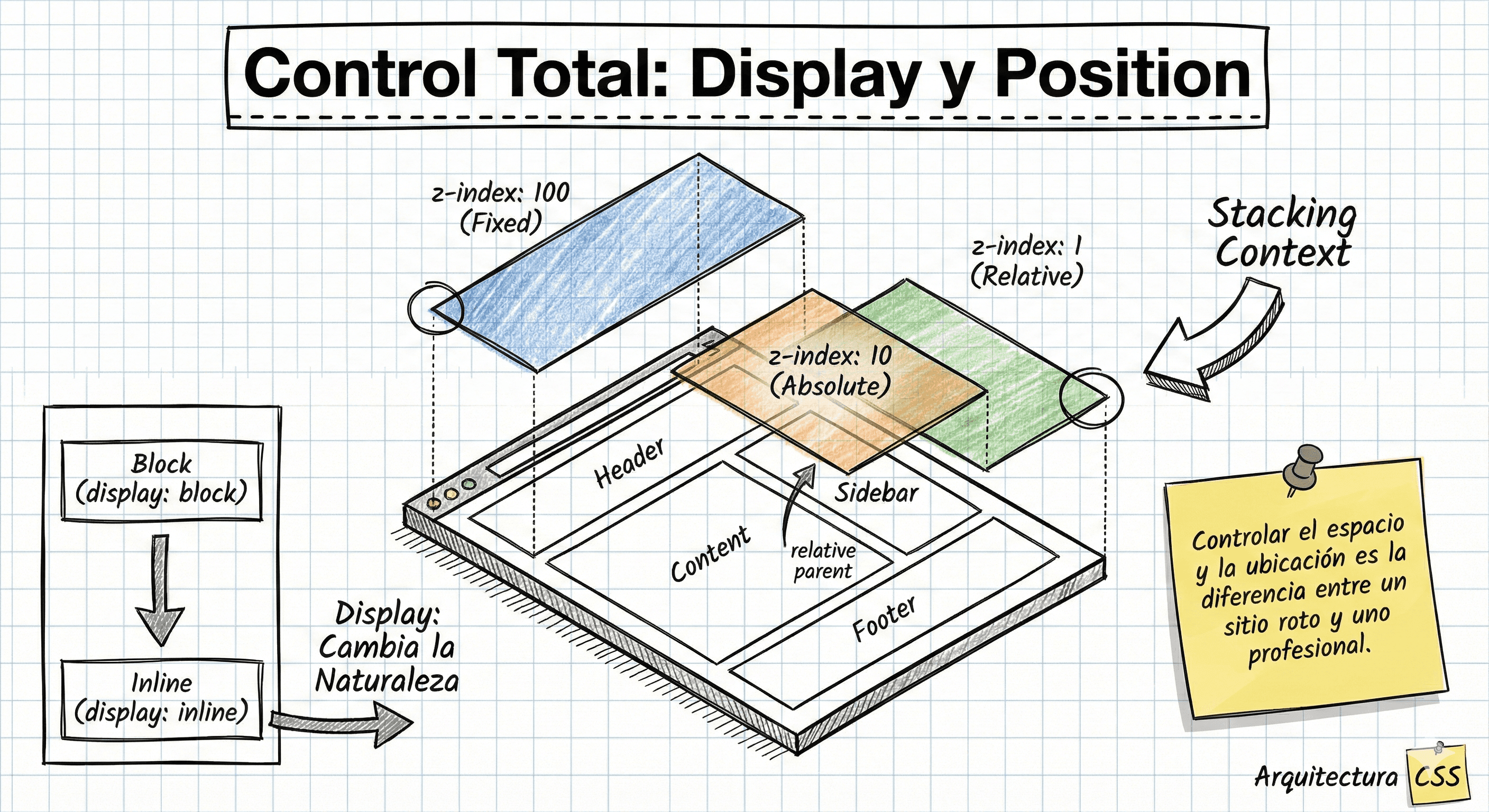 Ilustración isométrica de capas flotantes sobre un wireframe web