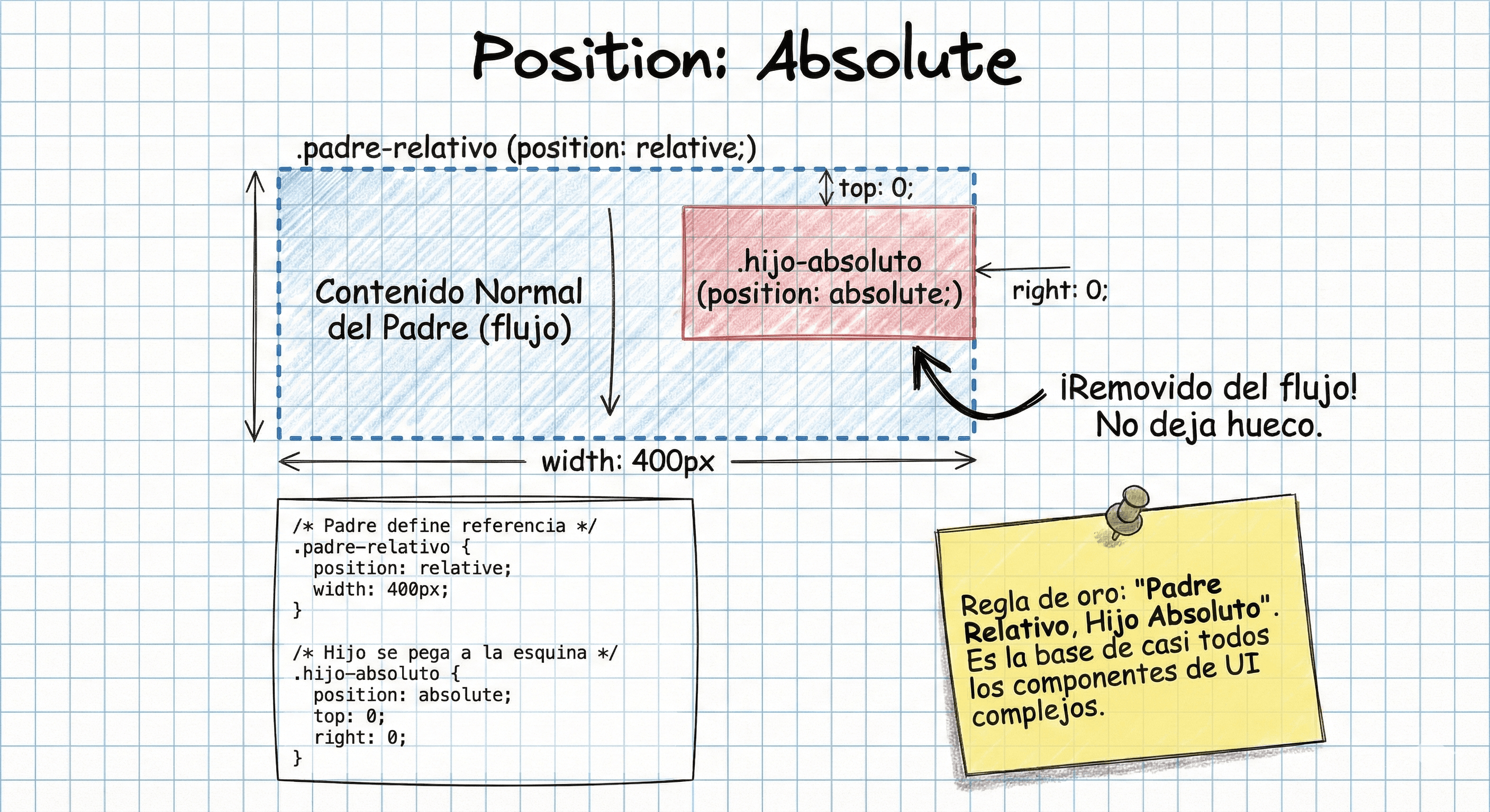 Diagrama de un elemento absoluto flotando sobre otro contenido dentro de un contenedor relativo