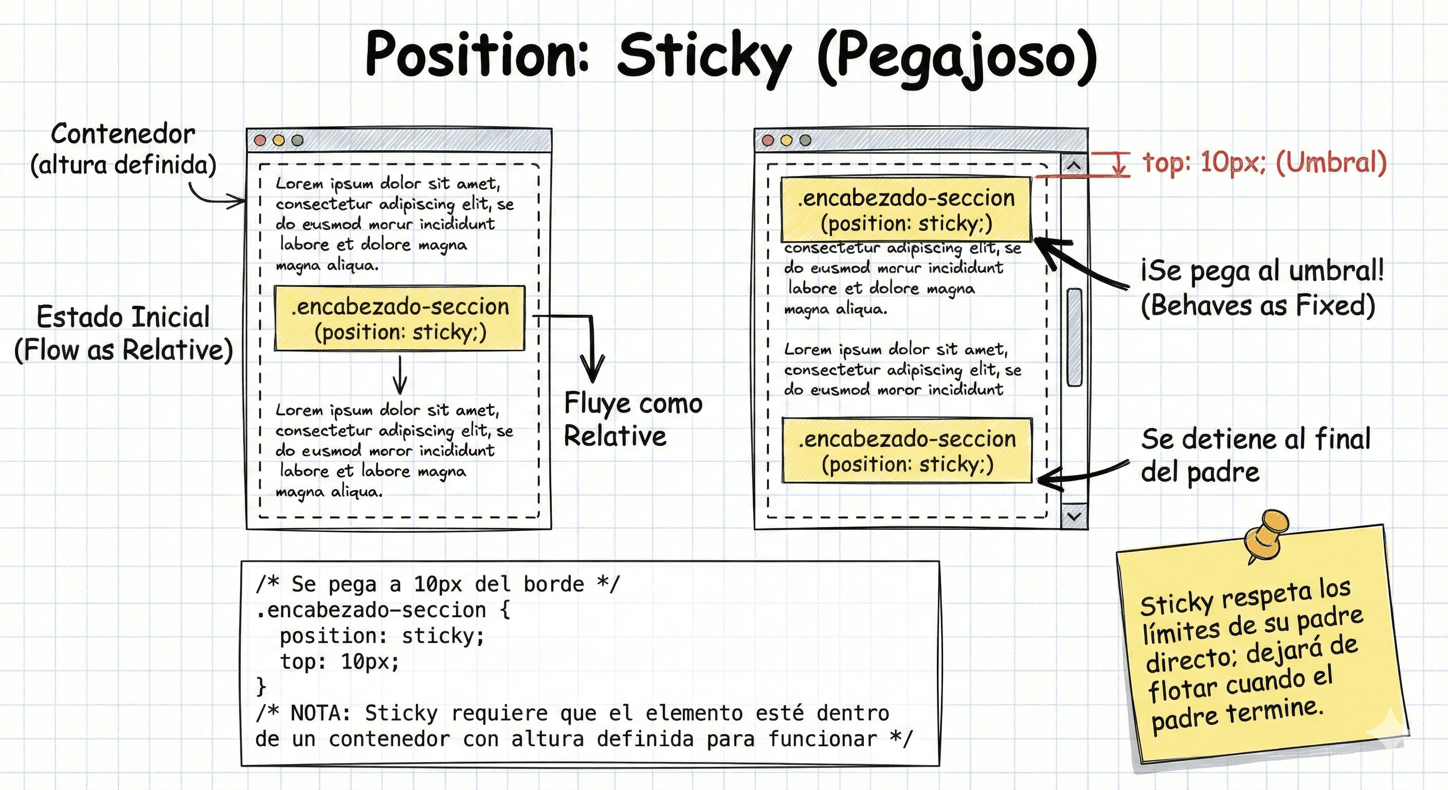 Ilustración del comportamiento sticky: fluye y luego se ancla al borde