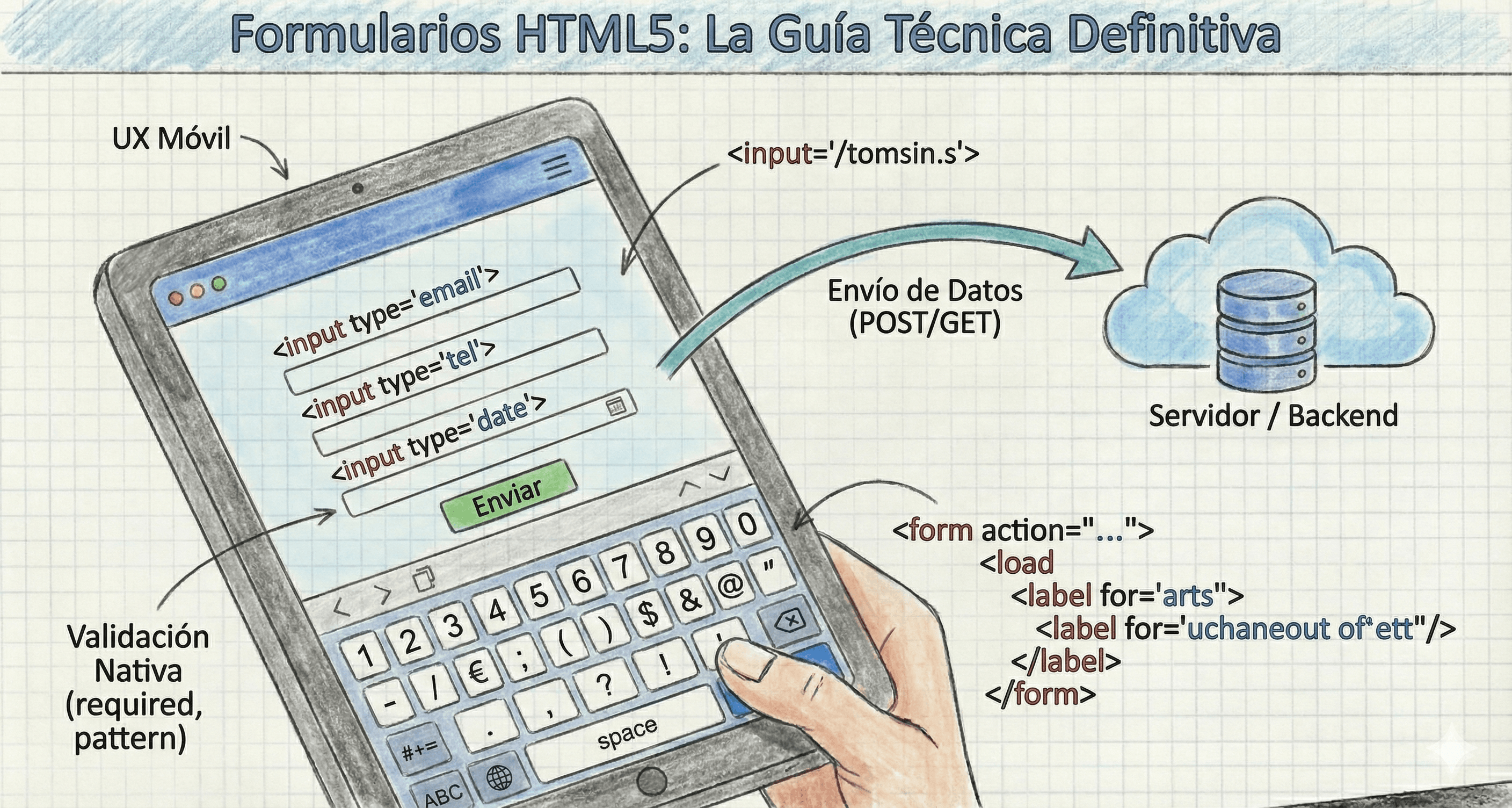 Interfaz de formulario moderno con validaciones y teclado móvil activo