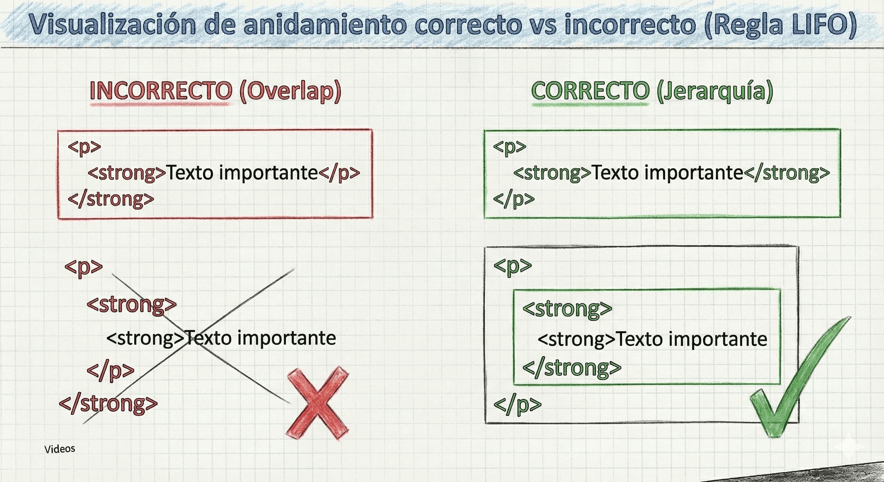 Visualización de anidamiento correcto vs incorrecto