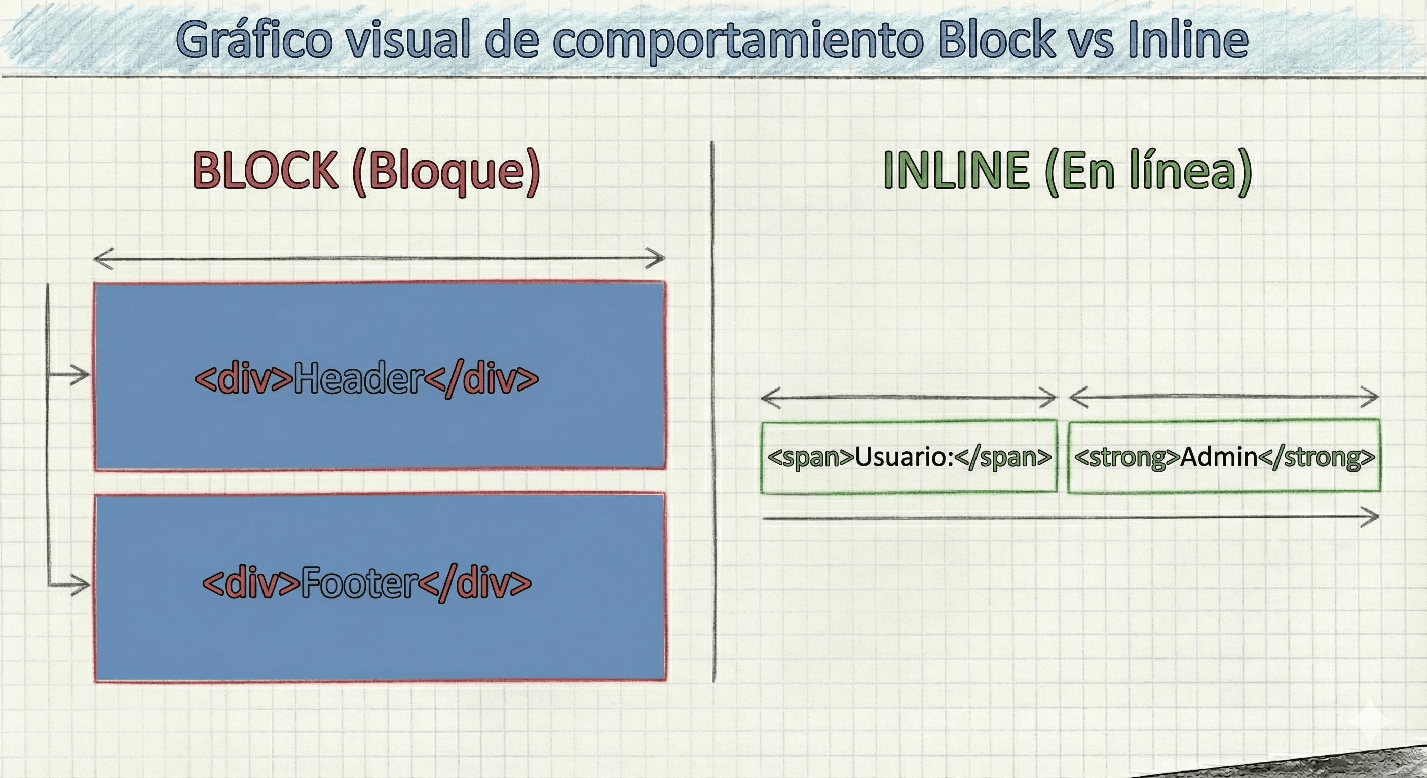 Gráfico visual de comportamiento Block vs Inline