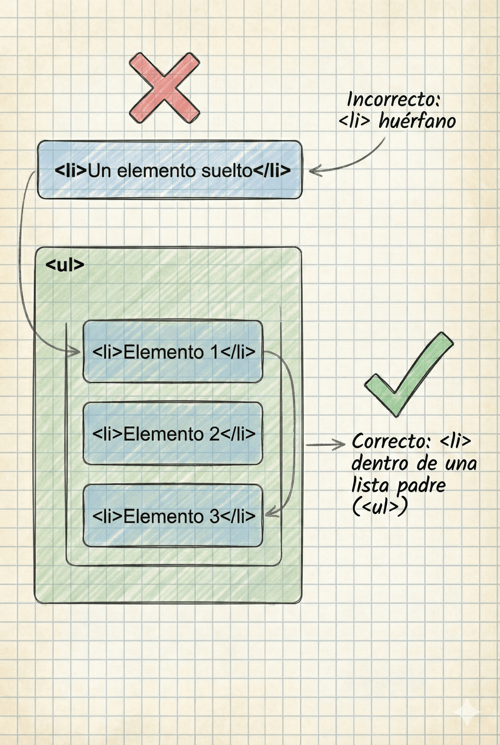Estructura correcta de una lista HTML con ul y li