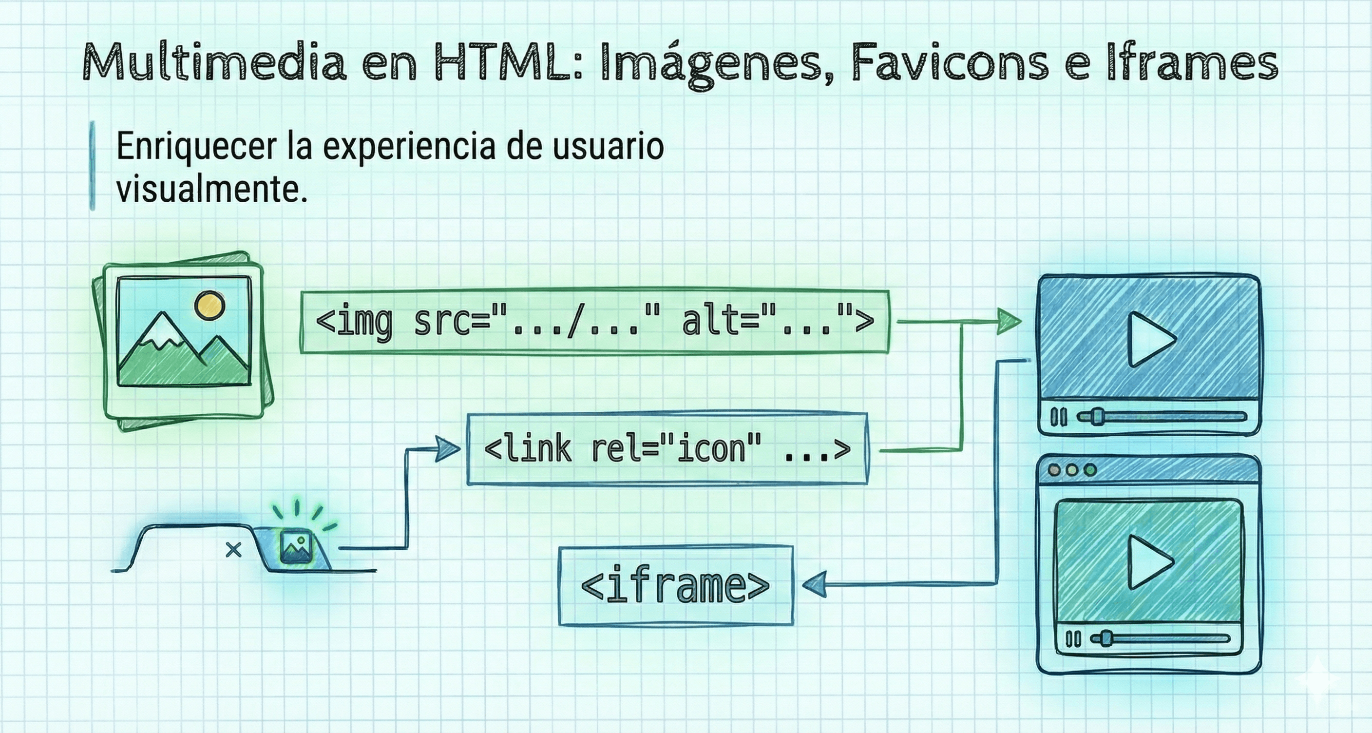 Ejemplo visual de imágenes, favicons e iframes usados en HTML