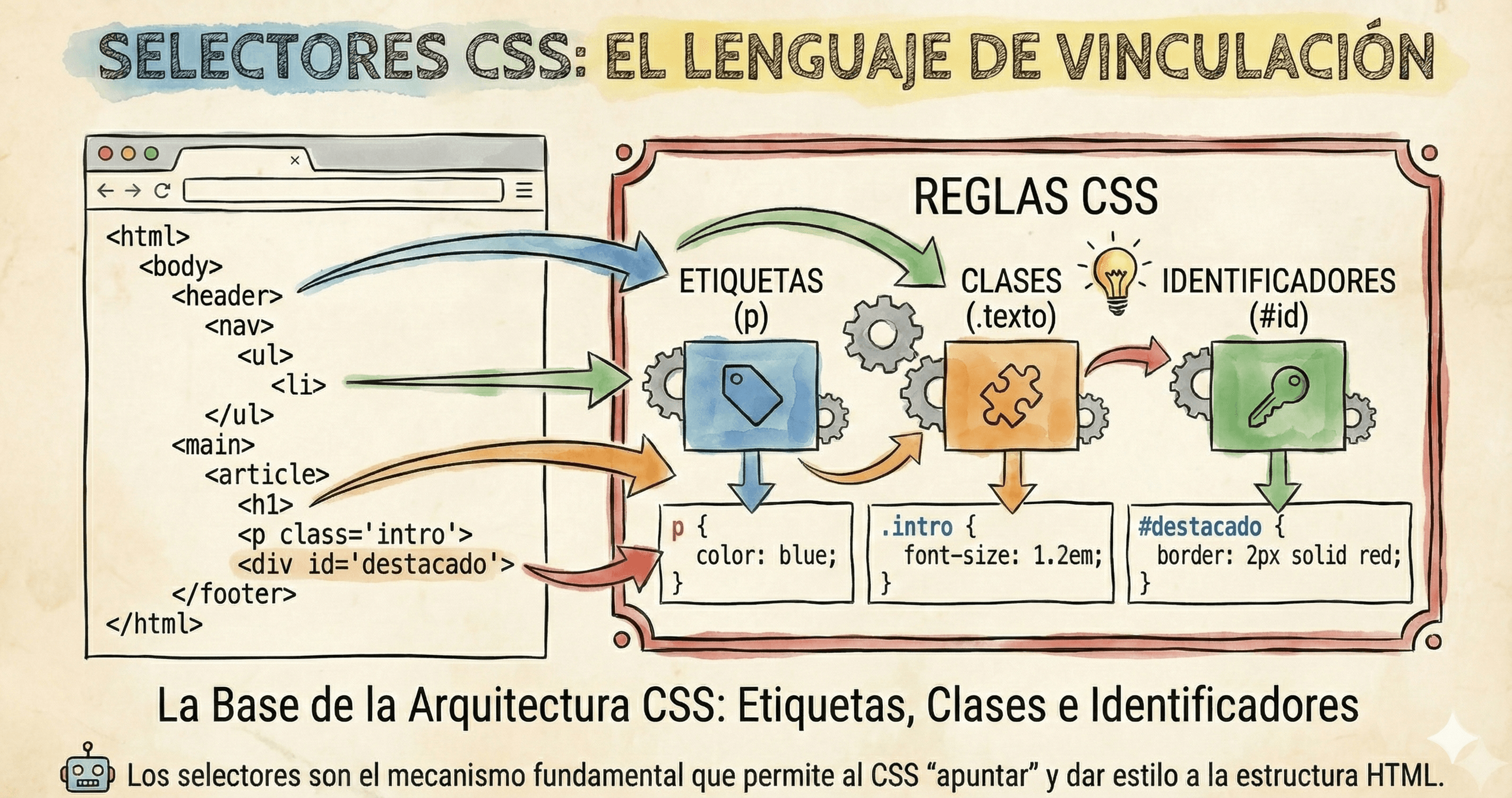 Ilustración esquemática conectando nodos HTML con reglas de estilo CSS